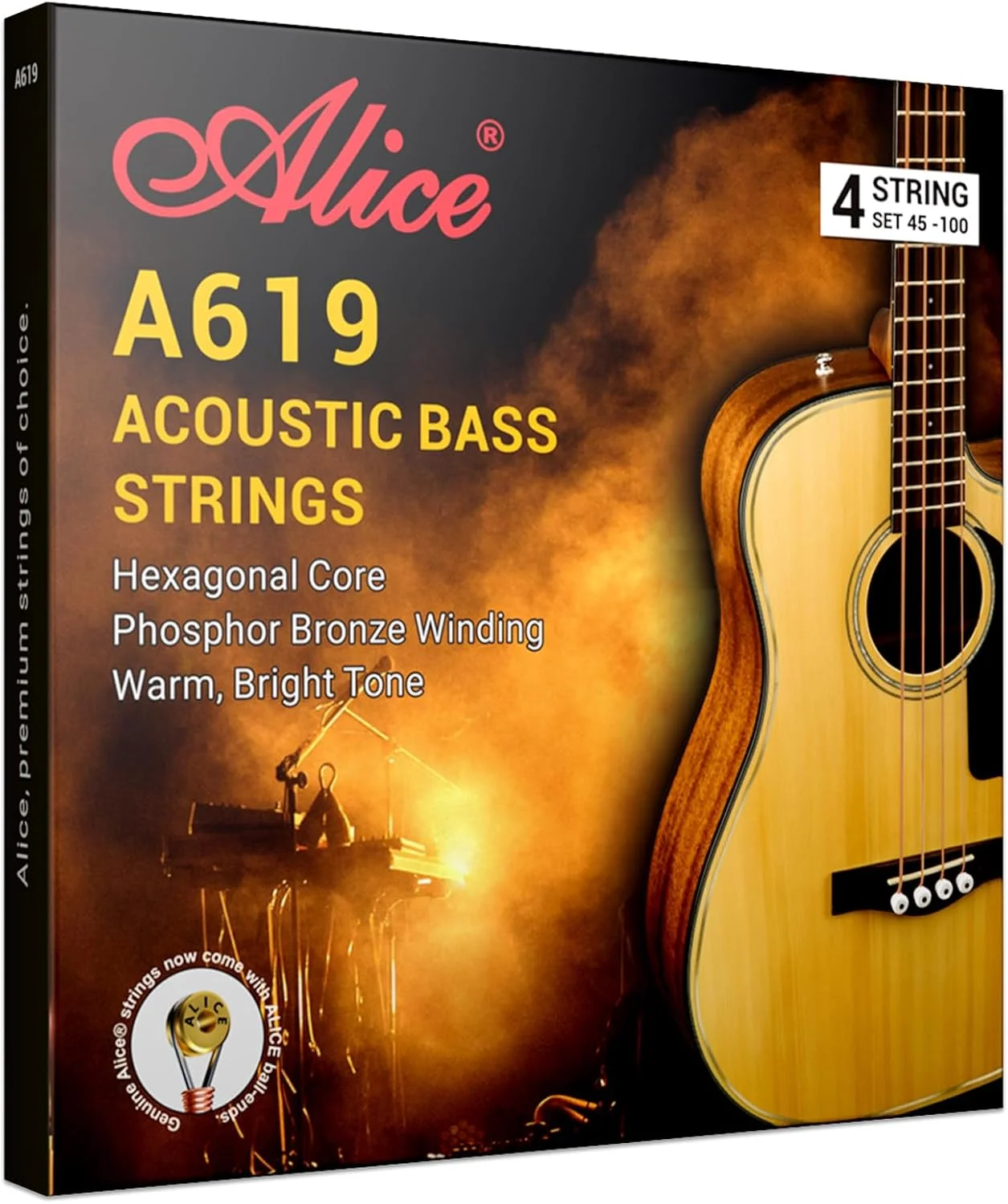 سیم های گیتار باس آکوستیک آلیس برای استفاده حرفه ای، مناسب برای گیتارهای باس آکوستیک 20 تا 24 فرت، پوشش نانو فسفر برنز، طراحی شده برای گیتارهای باس آکوستیک 34 اینچی 4 سیم، ضخامت متوسط 45-100