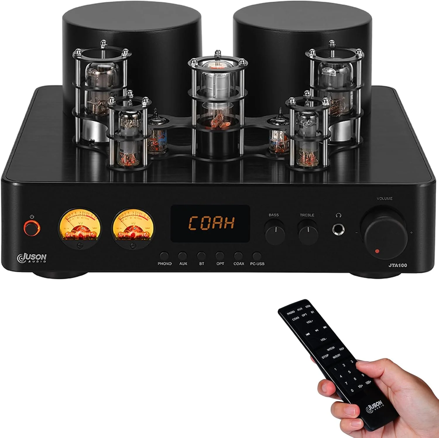آمپلی فایر لامپی ۲۰۰ واتی Juson Audio JTA100، یکپارچه با ورودی های BT 5.0، اپتیکال، AUX، RCA، PHONO و خروجی هدفون و ساب ووفر، 2.1 کانال، کلاس AB، آمپلی فایر HIFI خانگی برای گرامافون