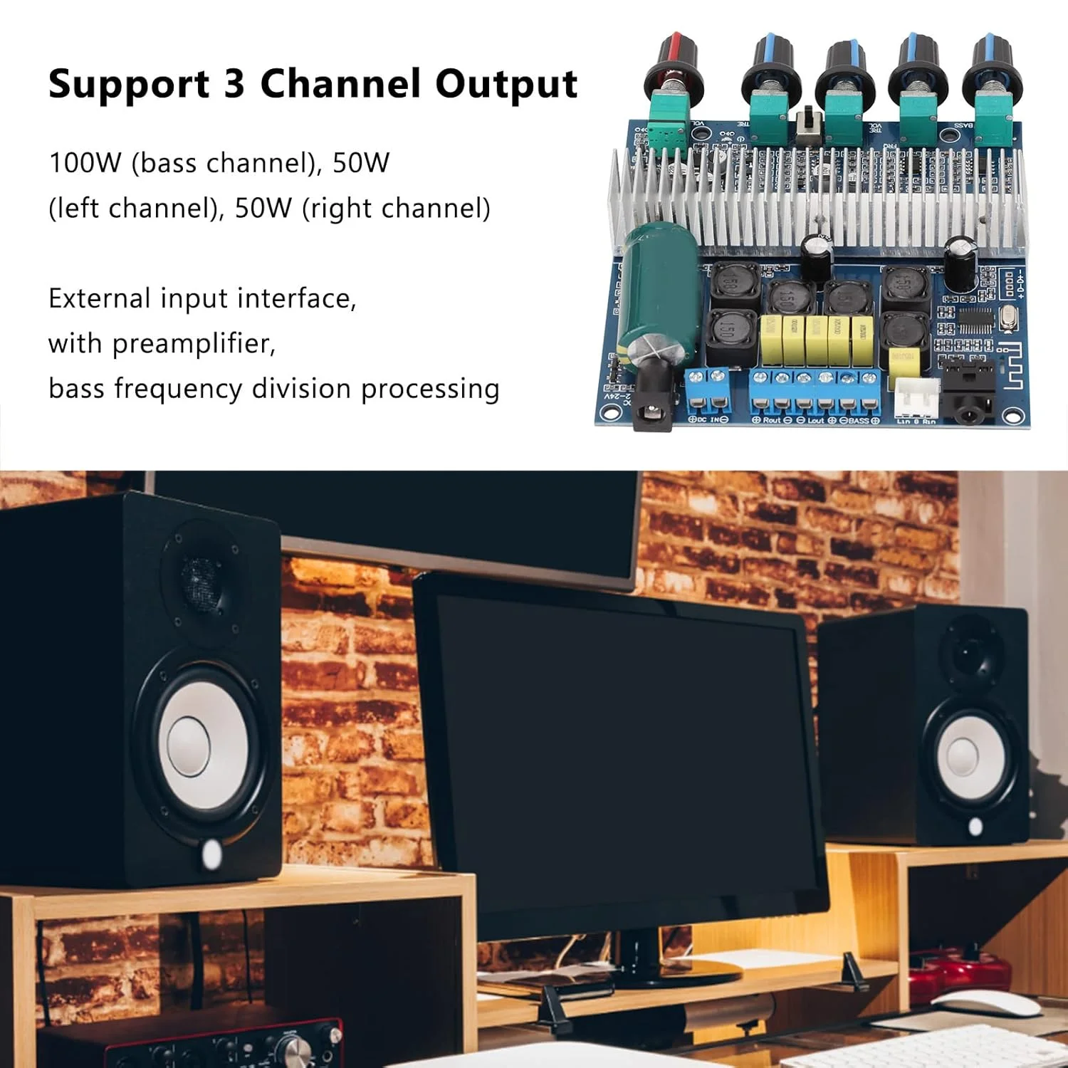 برد آمپلی فایر بلوتوث Bewinner، برد آمپلی فایر پرقدرت HIFI 2.1 کاناله 2X50W+100W با کنترل تریبل و باس برای بلندگوهای سینمای خانگی فروشگاه DIY برد آمپلی فایر بلوتوث Bewinner، برد آمپلی فایر پرقدرت HIFI 2.1 کاناله 2X50W+100W با کنترل تریبل و باس برای بلندگوهای سینمای خانگی فروشگاه DIY