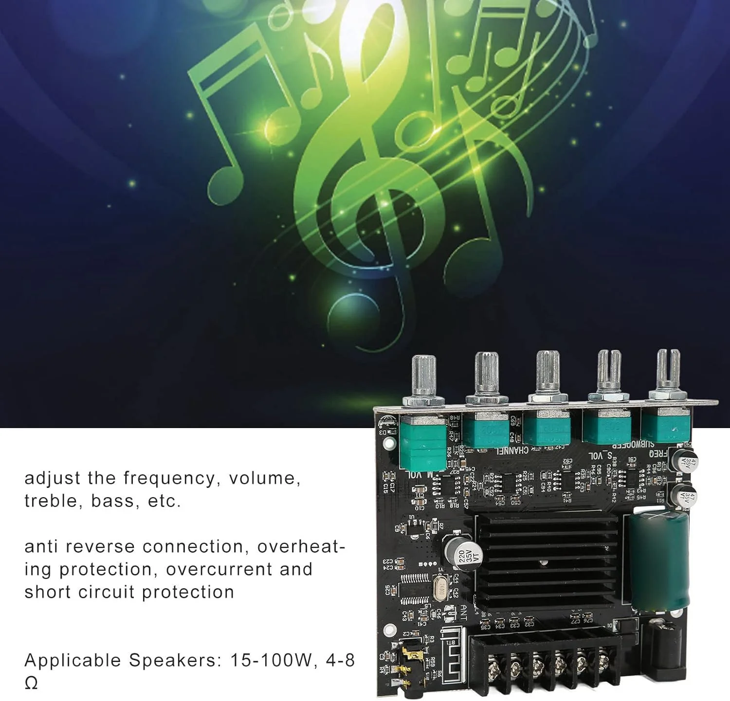 برد آمپلی فایر بلوتوث Bewinner مدل ZK-MT21، استریو صدای پرقدرت 2X50W+100W دیجیتال DC12-24V برای بلندگوهای 15-100W 4-8Ω برد آمپلی فایر بلوتوث Bewinner مدل ZK-MT21، استریو صدای پرقدرت 2X50W+100W دیجیتال DC12-24V برای بلندگوهای 15-100W 4-8Ω