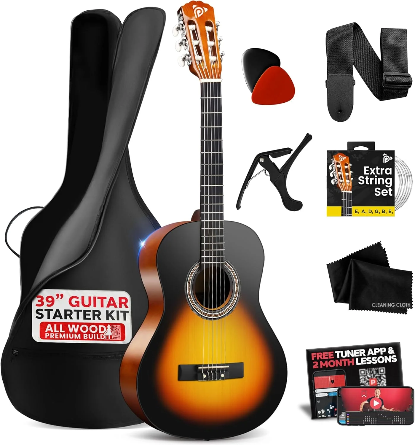 گیتار کلاسیک 6 سیم Pyle، 36 اینچی - گیتار مقیاس 3/4 با تیونر دیجیتال و کیت لوازم جانبی، (Cherry Burst)، راست دست (PGACLS82CBS.X9)