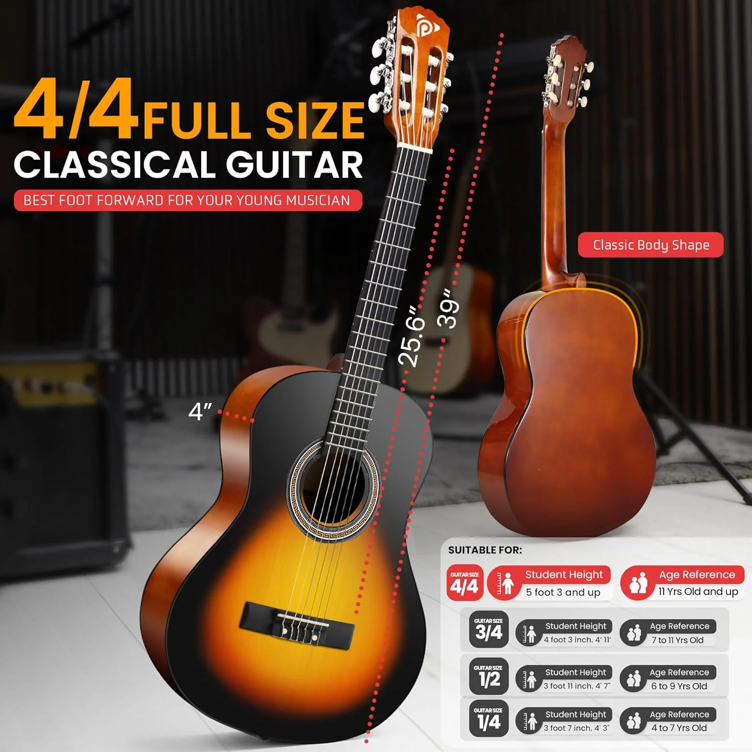 گیتار کلاسیک 6 سیم Pyle، 36 اینچی - گیتار مقیاس 3/4 با تیونر دیجیتال و کیت لوازم جانبی، (Cherry Burst)، راست دست (PGACLS82CBS.X9) گیتار کلاسیک 6 سیم Pyle، 36 اینچی - گیتار مقیاس 3/4 با تیونر دیجیتال و کیت لوازم جانبی، (Cherry Burst)، راست دست (PGACLS82CBS.X9)