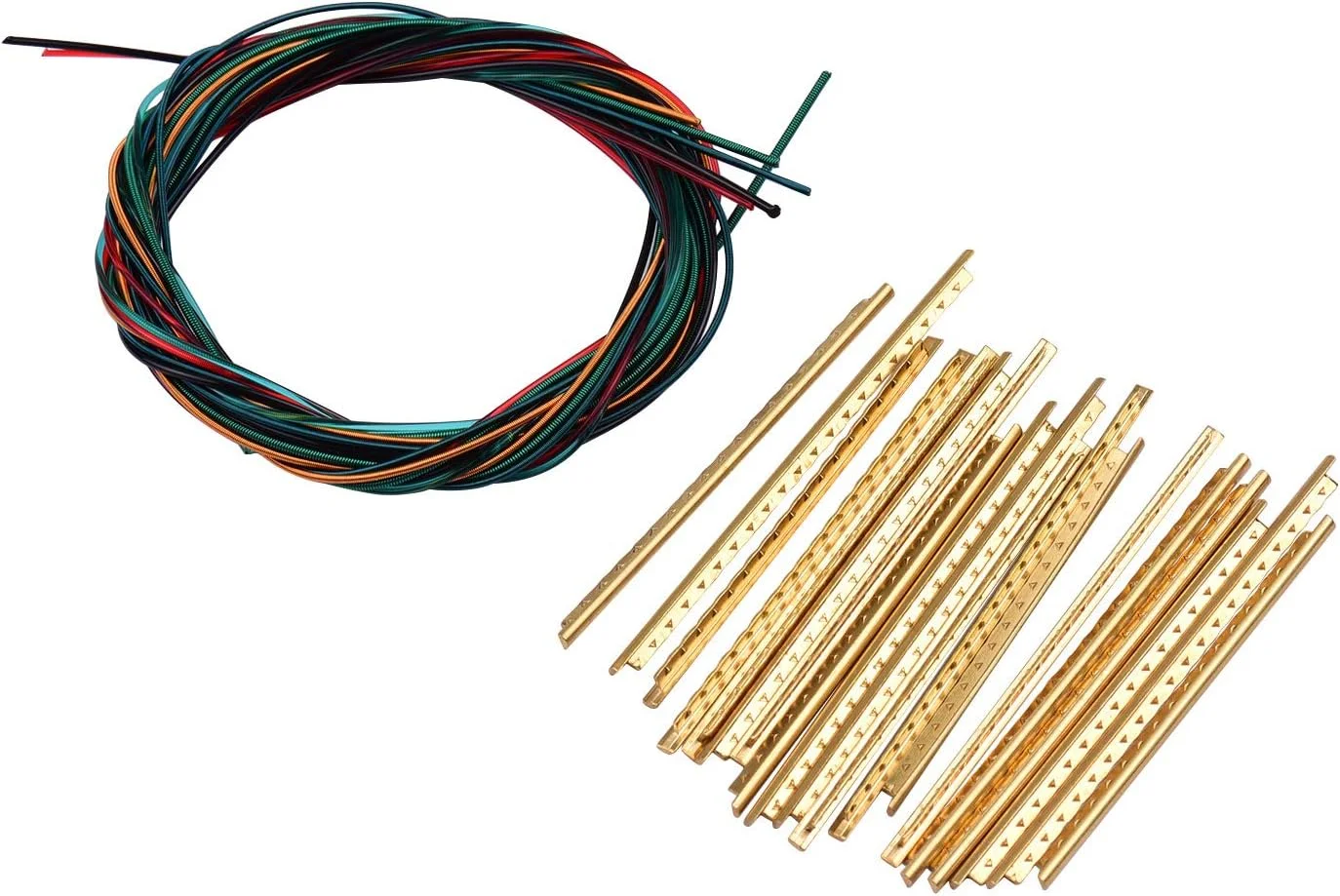 مجموعه 6 تایی سیم گیتار کلاسیک نایلونی چند رنگ پپیسکی به همراه 21 عدد فرت گیتار کلاسیک برنجی با عرض 2.2 میلی متر برای تعویض سیم گیتار کلاسیک