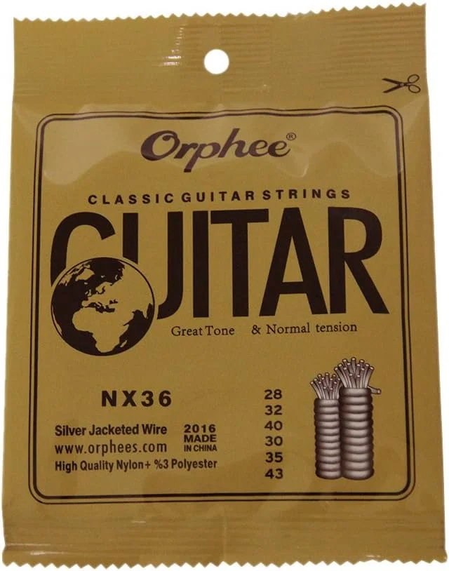 سیم گیتار کلاسیک OUNA NX36، سیم گیتار کلاسیک نایلونی NX36 مجموعه کامل 6 عددی جایگزین (0.028-.043) هسته نایلونی سیم روکش نقره ای کشش معمولی