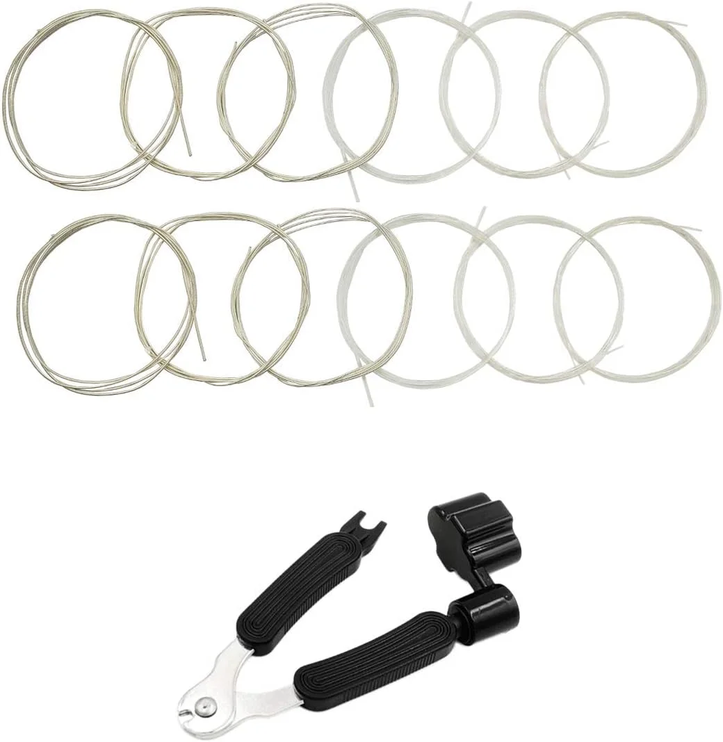 دو بسته کامل سیم گیتار کلاسیک نایلونی شفاف به همراه یک عدد ابزار تعویض سیم گیتار 3 در 1 شامل سیم پیچ گیتار، سیم چین گیتار و پین کش گیتار