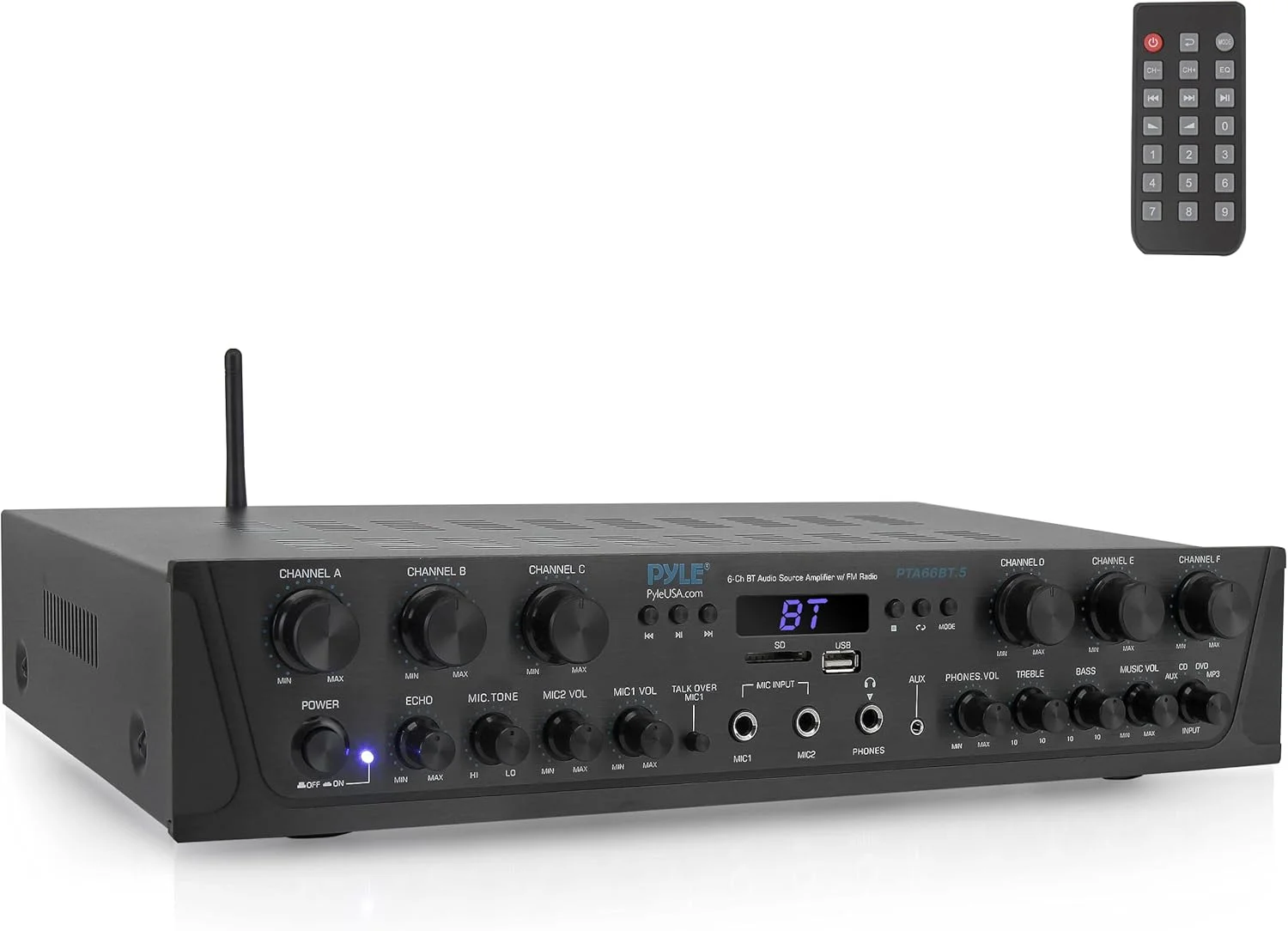 سیستم آمپلی فایر صوتی خانگی وایرلس پایل، گیرنده استریو بلوتوثی - 6 کانال، توان 600 وات، LCD دیجیتال، جک هدفون، ورودی میکروفون 1/4 اینچی، USB، SD، AUX، RCA، رادیو FM - PTA66BT.5