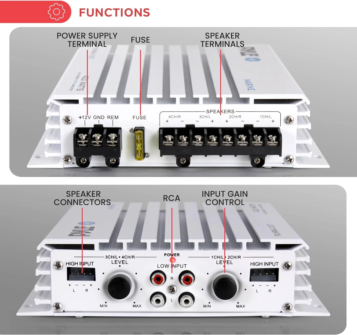 آمپلی فایر دریایی پایل هیدرا سری Elite ارتقا یافته 400 وات 4 کانال، ضد آب، منبع تغذیه Mosfet دوگانه، کنترل سطح بهره، ورودی استریو RCA و نشانگر LED (Plmra400)، مشکی