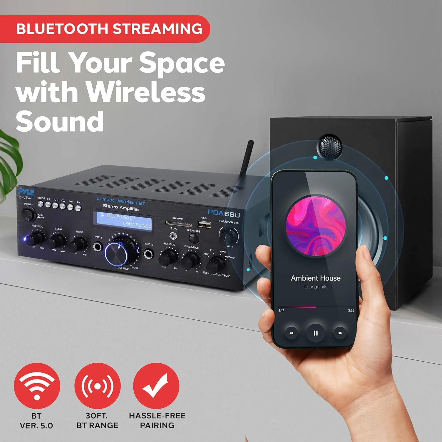 سیستم آمپلی فایر بلوتوث بیسیم Pyle PDA6BU.6 - گیرنده استریو صوتی دو کاناله 200 واتی با USB، SD، AUX، میکروفون با اکو، رادیو، LCD - برای سرگرمی سینمای خانگی از طریق RCA، استفاده در استودیو سیستم آمپلی فایر بلوتوث بیسیم Pyle PDA6BU.6 - گیرنده استریو صوتی دو کاناله 200 واتی با USB، SD، AUX، میکروفون با اکو، رادیو، LCD - برای سرگرمی سینمای خانگی از طریق RCA، استفاده در استودیو