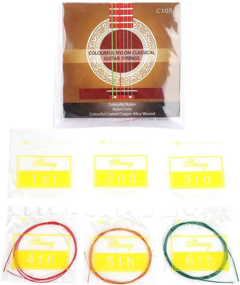 مجموعه 6 عددی سیم گیتار نایلونی رنگی با روکش آلیاژ مس جایگزین سیم های گیتار