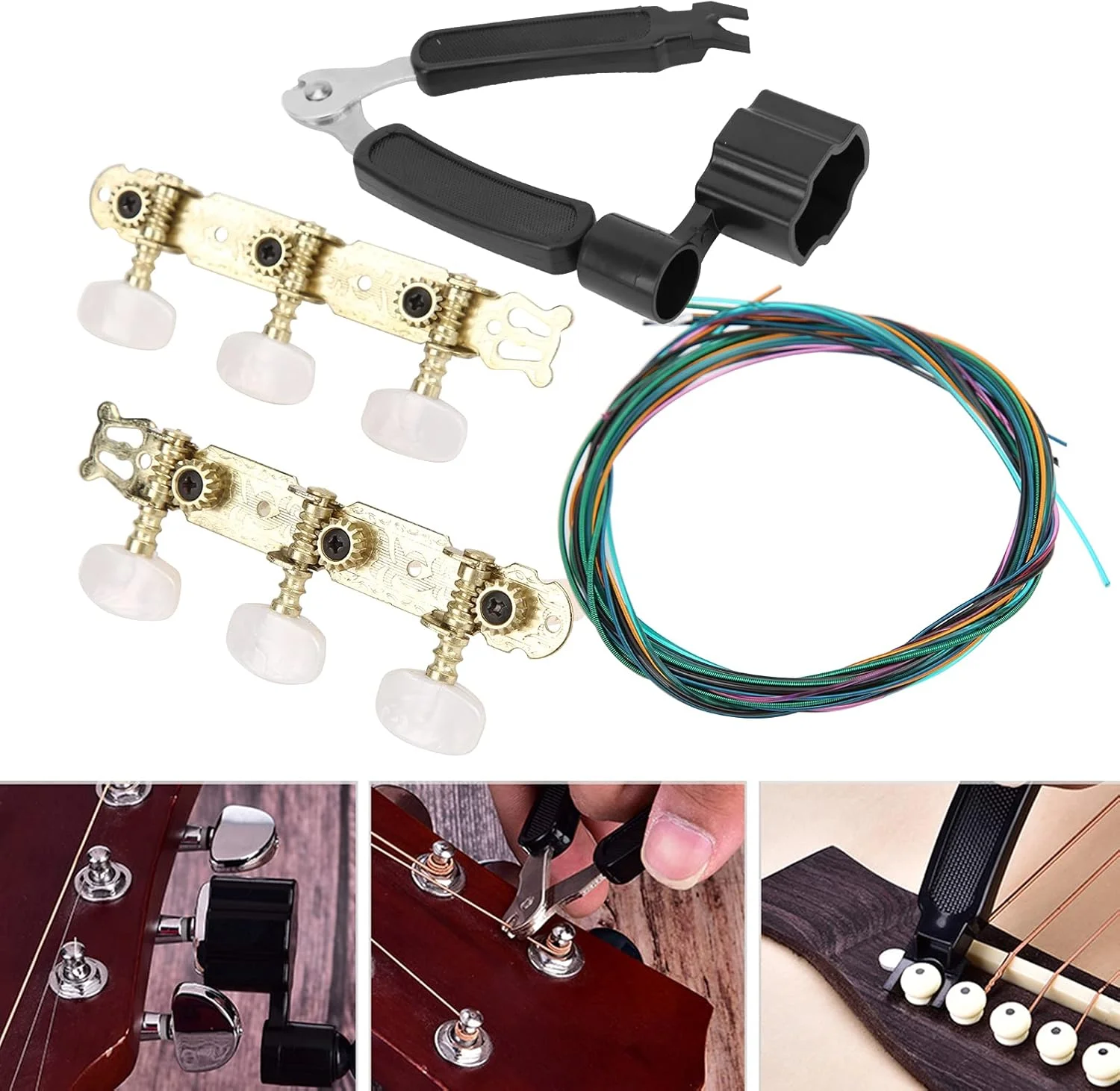 مجموعه ابزار گیتار 3 در 1 Eujgoov، سیم‌پیچ گیتار، دکمه سیم، لوازم جانبی تعمیرات ساز موسیقی با گوشی‌های ماشین روکش طلا مناسب برای گیتارهای کلاسیک