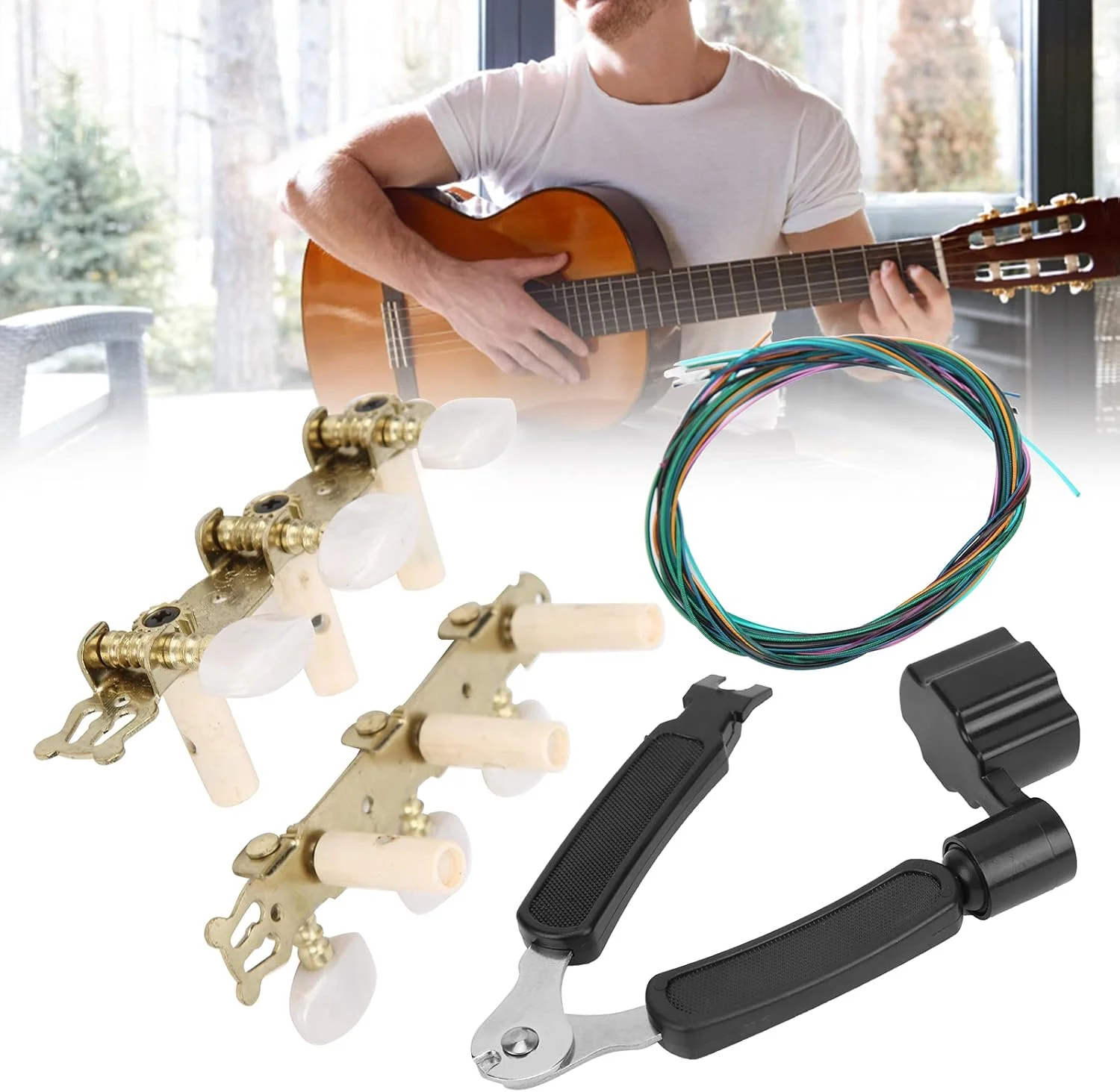 مجموعه ابزار گیتار 3 در 1 Eujgoov، سیم‌پیچ گیتار، دکمه سیم، لوازم جانبی تعمیرات ساز موسیقی با گوشی‌های ماشین روکش طلا مناسب برای گیتارهای کلاسیک