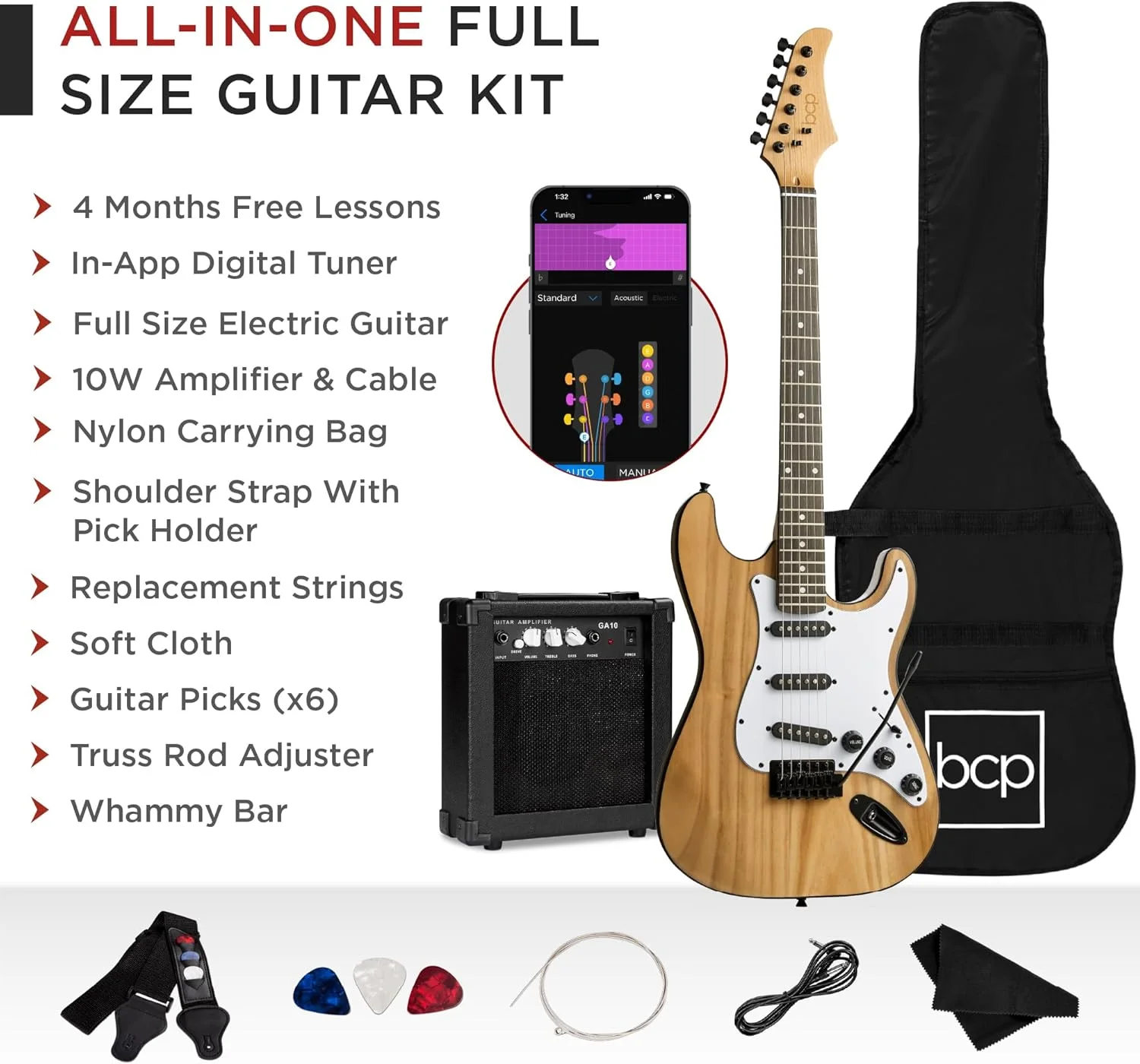 بهترین انتخاب محصولات، کیت استارتر گیتار الکتریک سایز کامل 39 اینچی مبتدی همراه با کیف، بند، آمپلی فایر 10 واتی، سیم، پیک، میله ترمولو - طبیعی