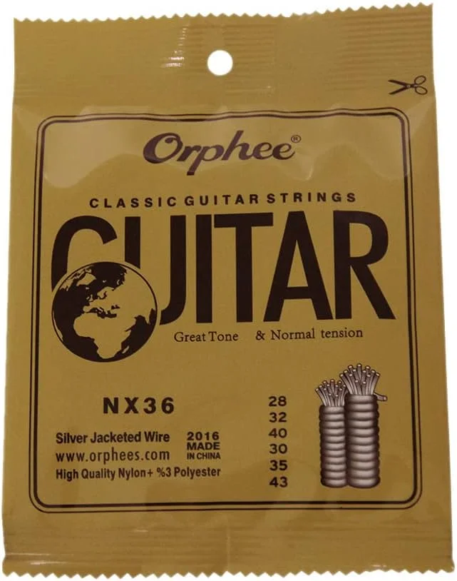 سیم گیتار کلاسیک NX36، سیم گیتار کلاسیک نایلونی NX36 مجموعه کامل 6 عددی جایگزین (0.028-.043) هسته نایلونی سیم روکش نقره ای کشش معمولی