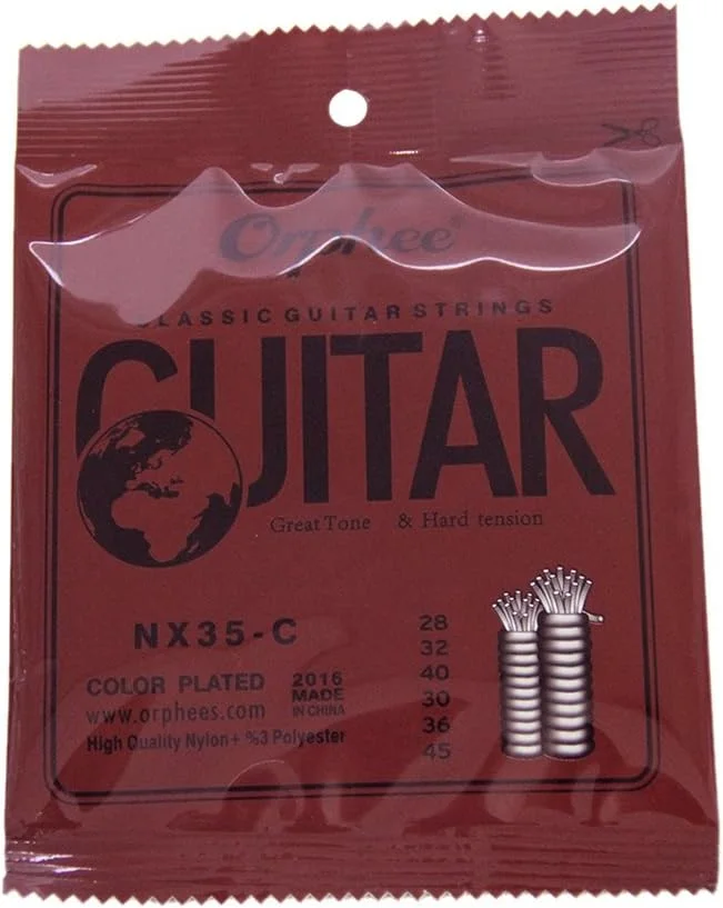 سیم گیتار کلاسیک NX35-C، سیم گیتار کلاسیک نایلونی Orphee NX35-C، مجموعه کامل 6 عددی جایگزین (0.028-.045) هسته نایلونی با روکش فولادی رنگی، کشش سخت