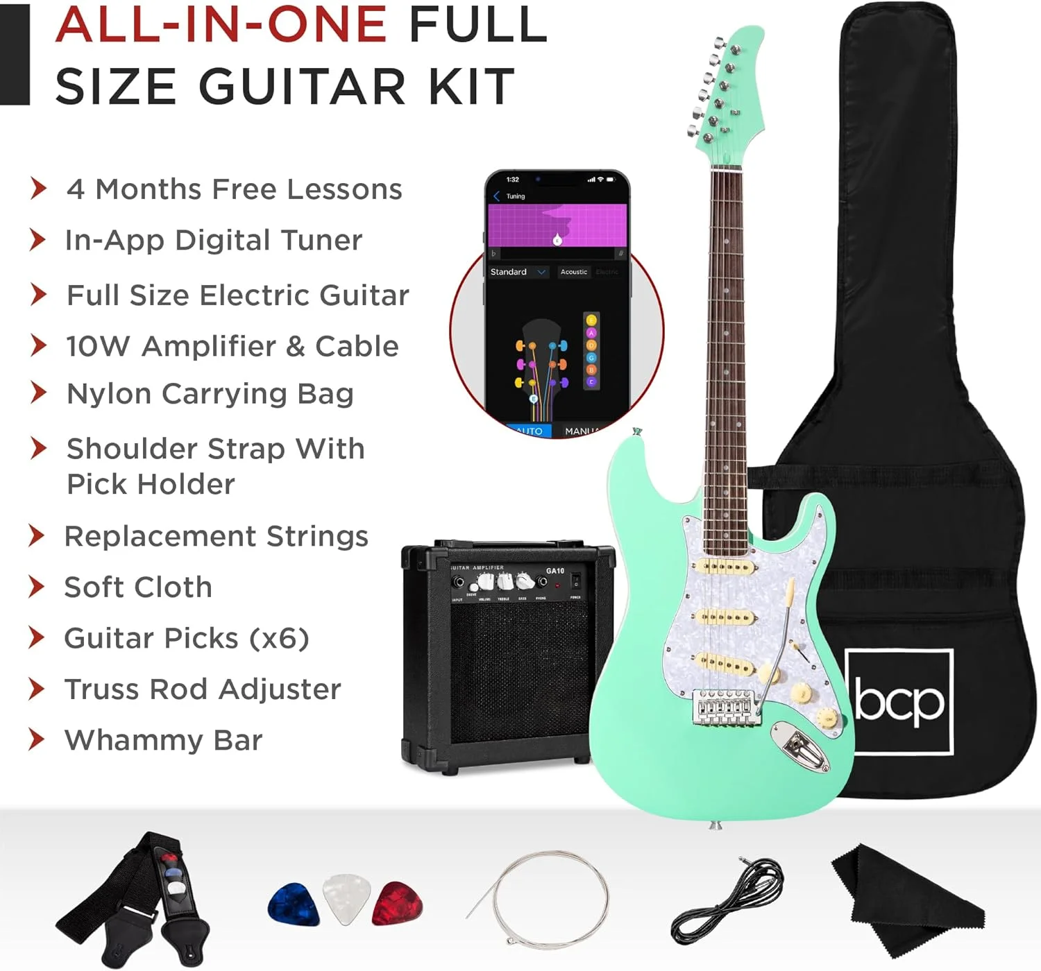 ست کامل گیتار الکتریک مبتدی سایز کامل 39 اینچی به همراه کیف، بند، آمپلی فایر 10 واتی، سیم، پیک و میله ترمولو - سبز SoCal