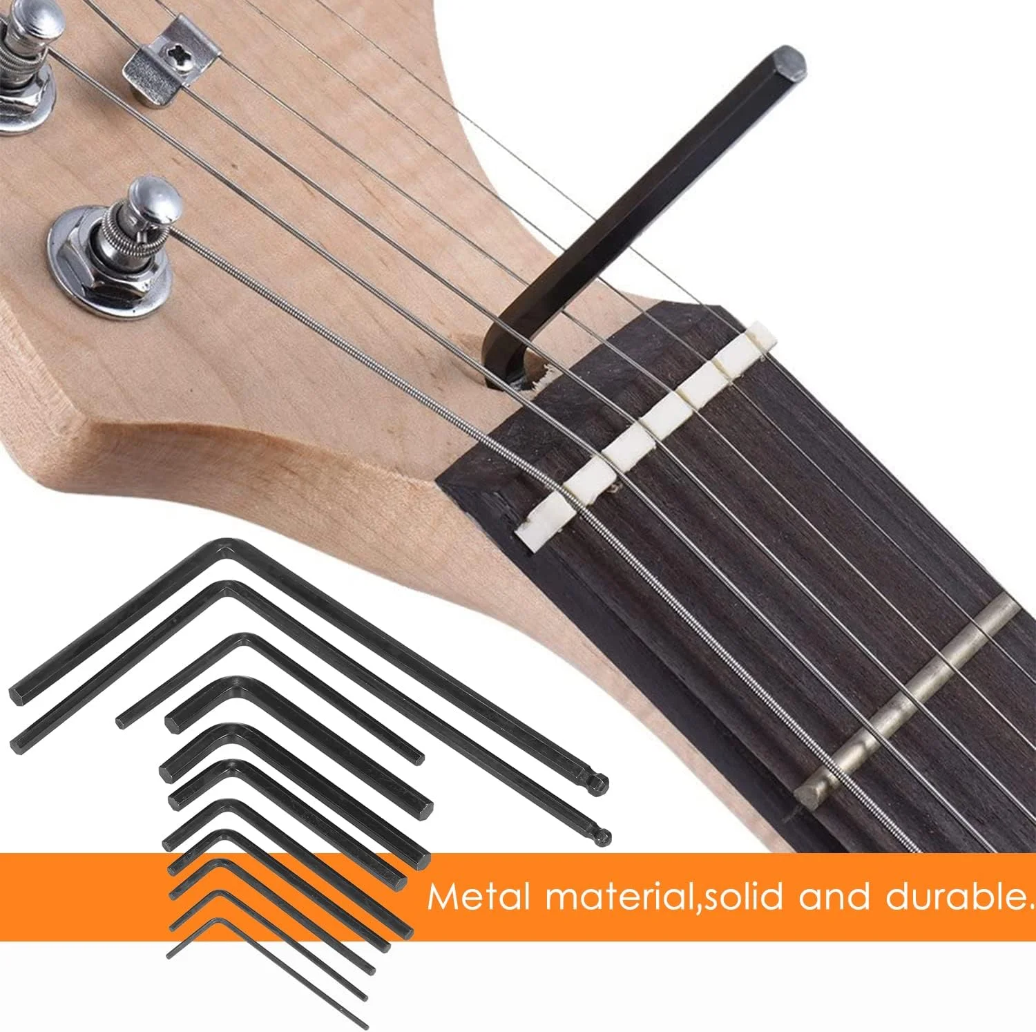 مجموعه ۱۱ عددی آچار گیتار، آچار آلن با سر توپی بلند ۴ و ۵ میلی‌متری برای تنظیم میله خرک، پیچ‌های بریج و دسته گیتار آکوستیک، الکتریک و باس