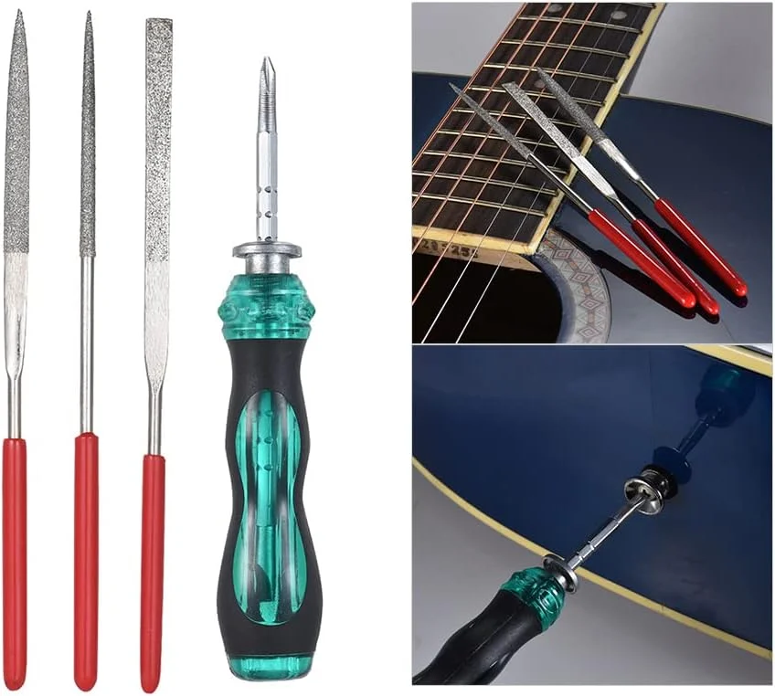 مجموعه 15 عددی ابزار تعمیر و نگهداری گیتار به همراه برس تمیز کننده، ابزار پرداخت فرت برای گیتار آکوستیک، گیتار الکتریک، یوکللی و باس