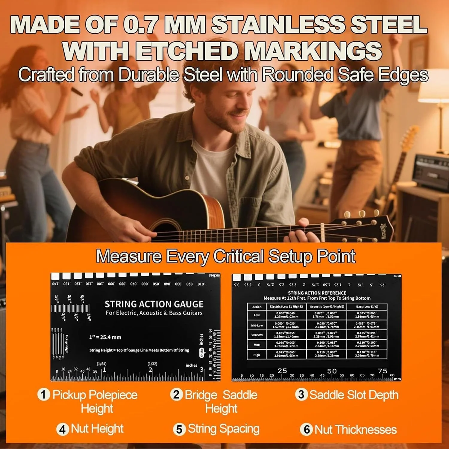 خط کش اندازه گیری اکشن گیتار، خط کش اکشن سیم گیتار، ابزار اندازه گیری قابل حمل اکشن سیم، لوازم جانبی گیتار، ابزار اندازه گیری سازنده گیتار برای گیتارهای آکوستیک و الکتریک و تنظیمات باس