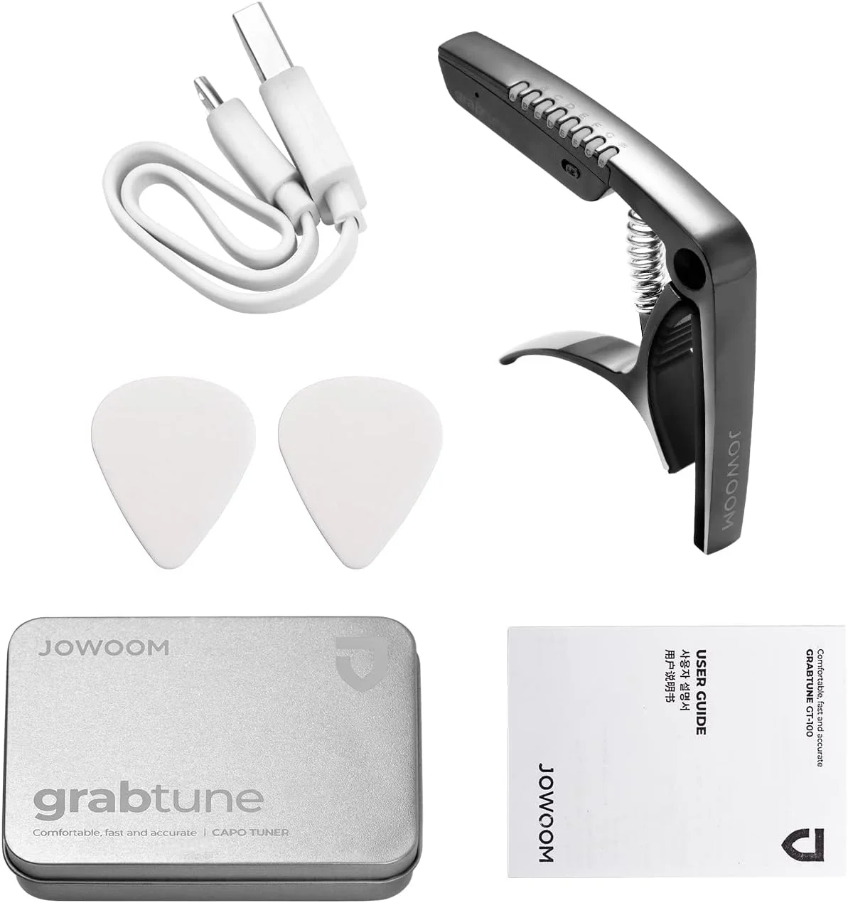 کوپو و تیونر گیتار چند منظوره 2 در 1 Pepisky GRABTUNE GT-100 آلیاژ روی، باتری داخلی، نشانگرهای LED RGB برای گیتار الکتریک، گیتار آکوستیک، گیتار فولک، یوکللی