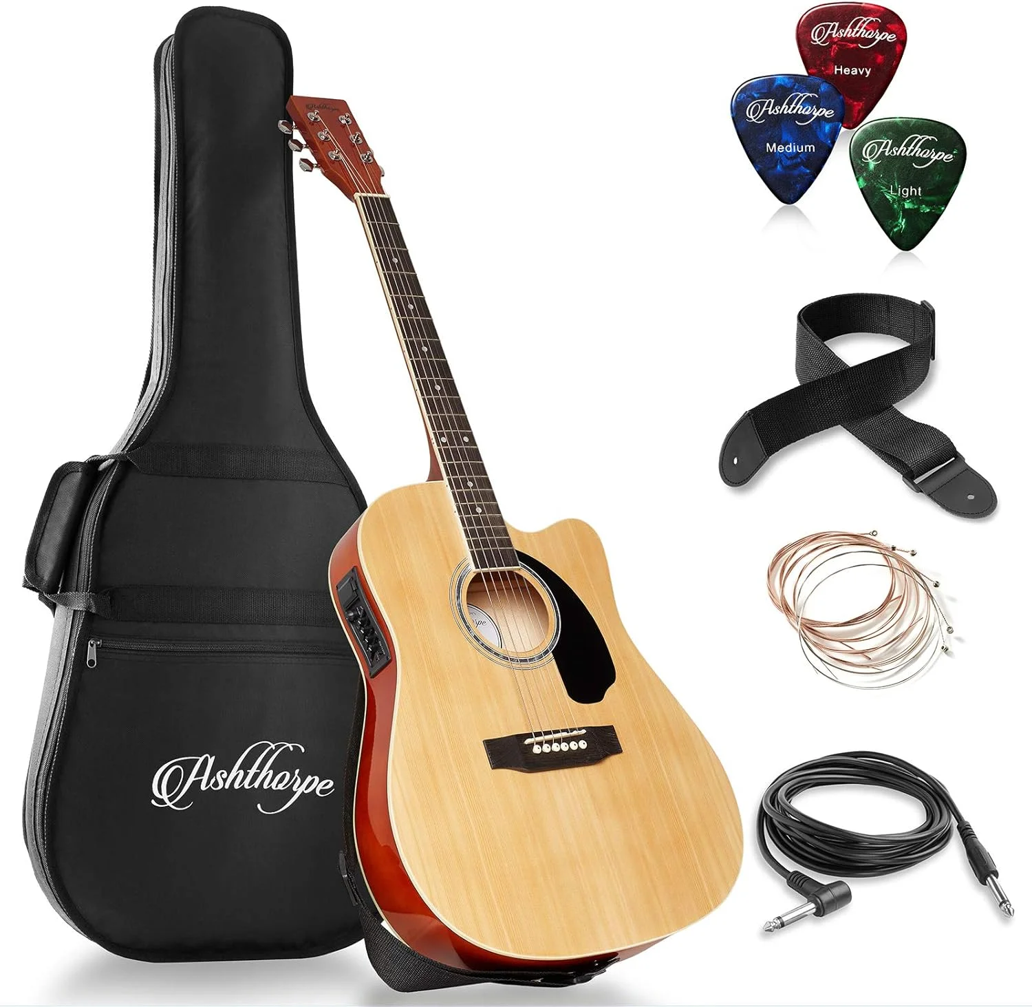 پکیج گیتار آکوستیک-الکتریک فول سایز کات اوی باریک Ashthorpe - چوب های درجه یک - رنگ طبیعی