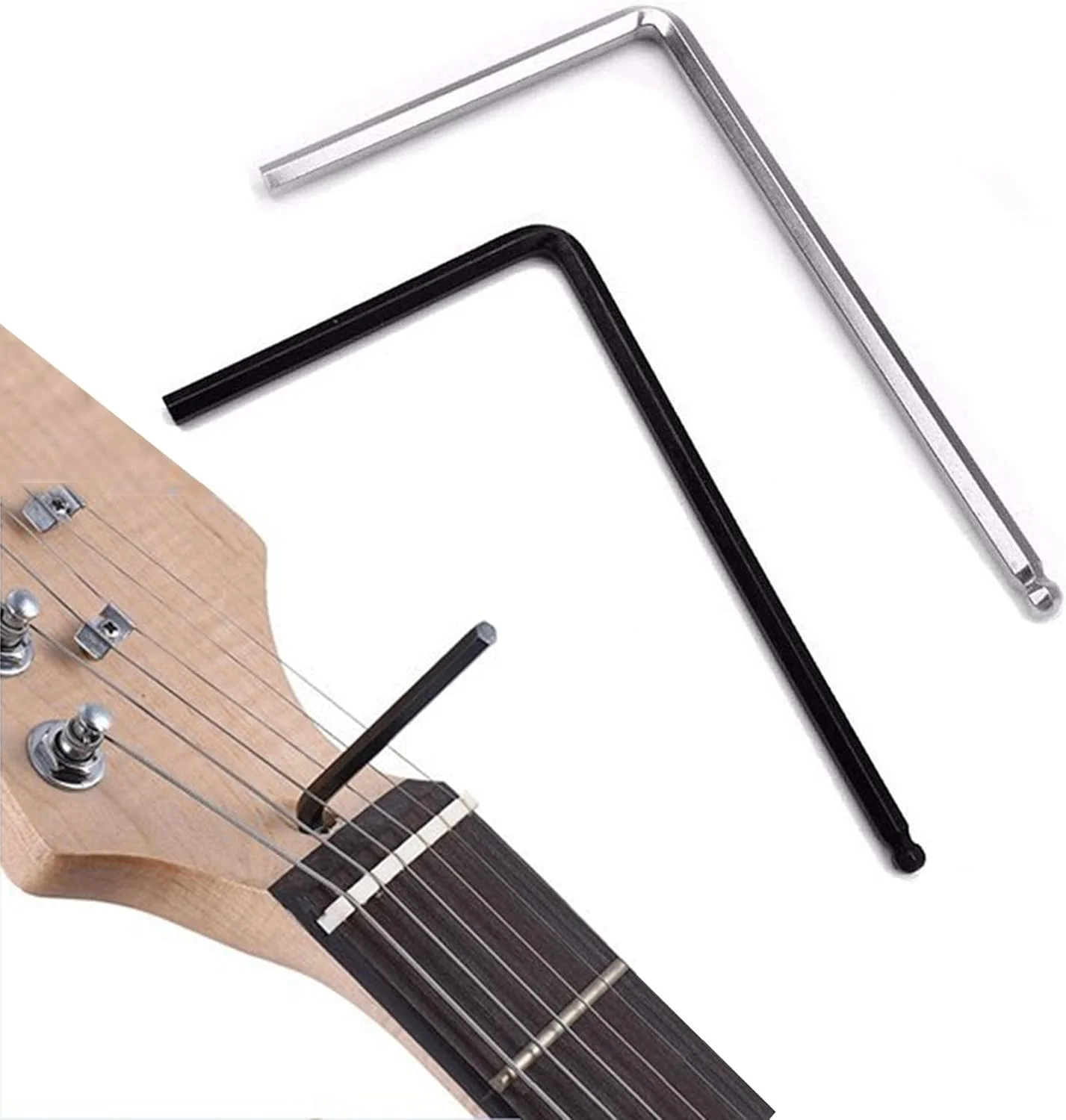 آچار گیتار 2 عددی، سر توپی مشکی 4 میلی متری، سر توپی نقره ای 5 میلی متری، طول 125 میلی متر، عرض 75 میلی متر، ابزار آچار فلزی، آچار آلن گیتار، برای گیتار آکوستیک