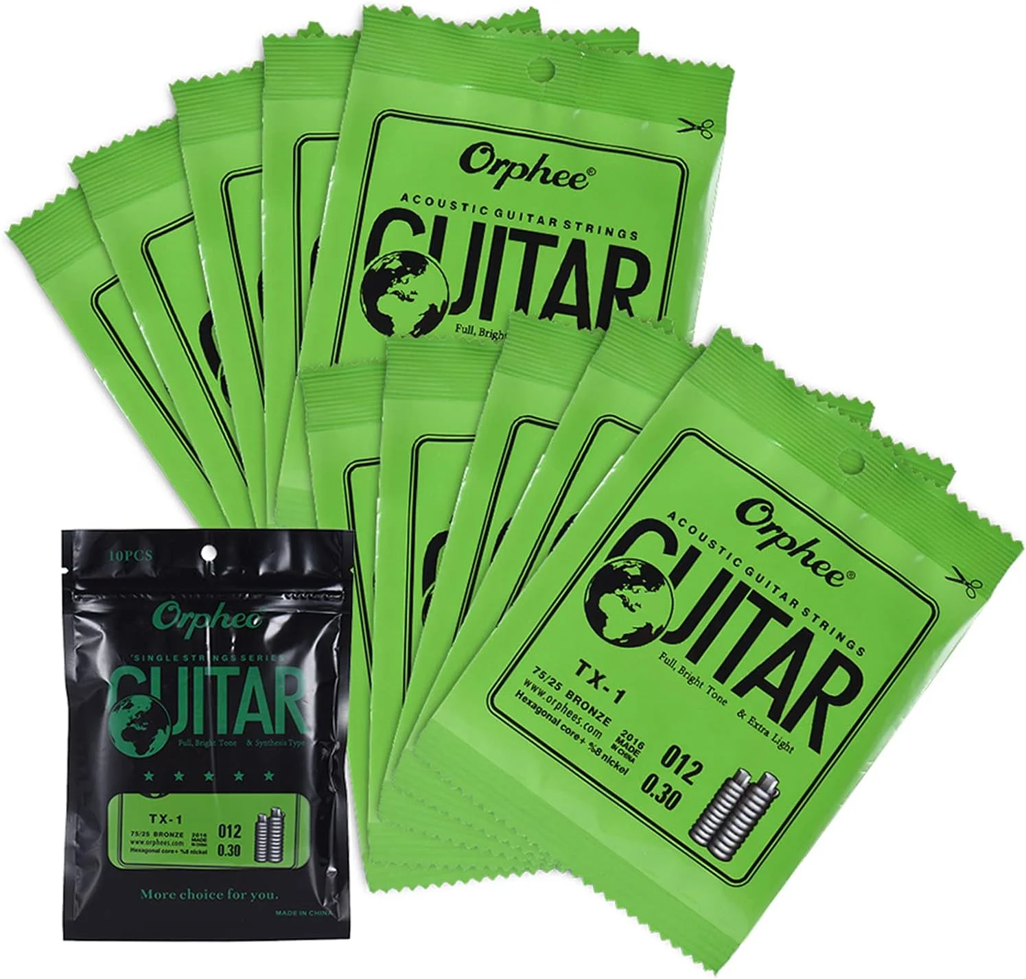 سیم تکی جایگزین TX-1 برای گیتار آکوستیک، سیم اول E (.012)، بسته 10 عددی، هسته فولادی پرکربن، فسفر برنز 75/25، کشش فوق العاده سبک