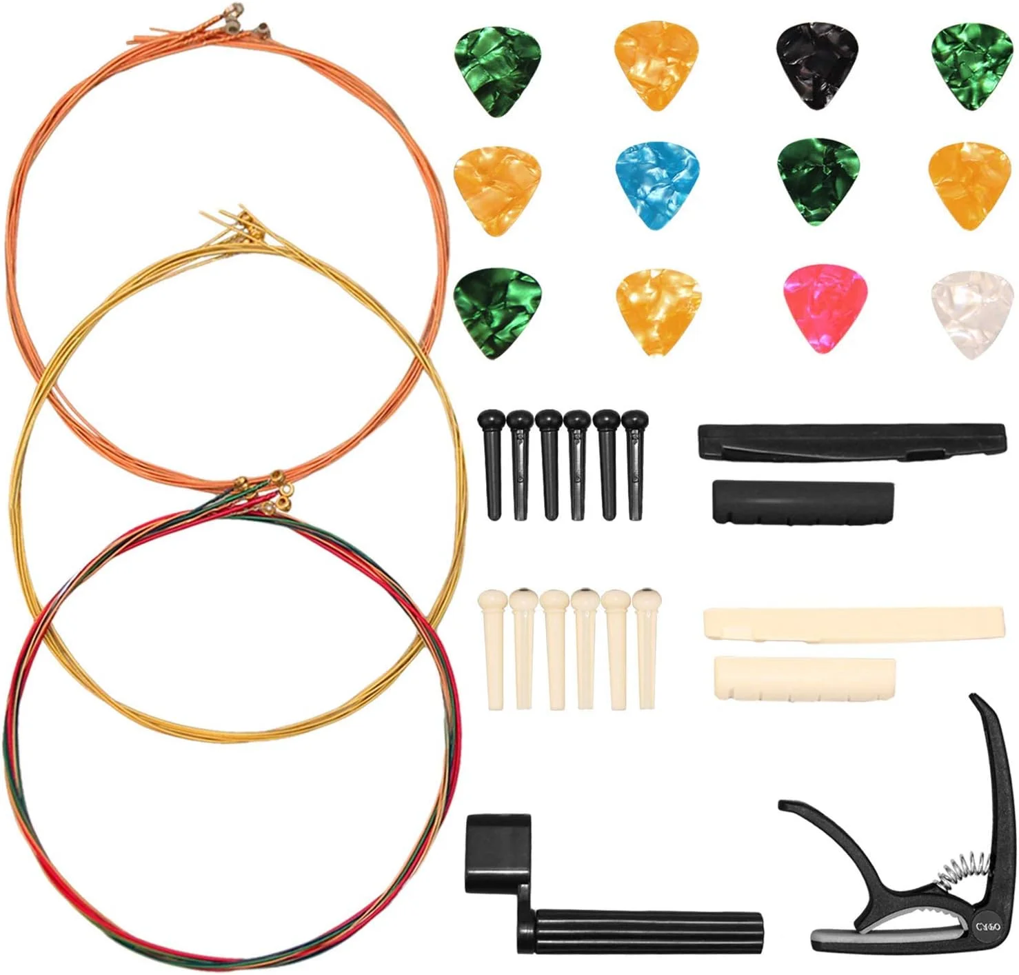 کیت لوازم جانبی گیتار موستانگ، کیت تعمیر گیتار، کیت 48 عددی لوازم جانبی گیتار شامل سیم گیتار آکوستیک، پیک، کاپو، پین های بریج، سیم پیچ برای نوازندگان مبتدی گیتار آکوستیک