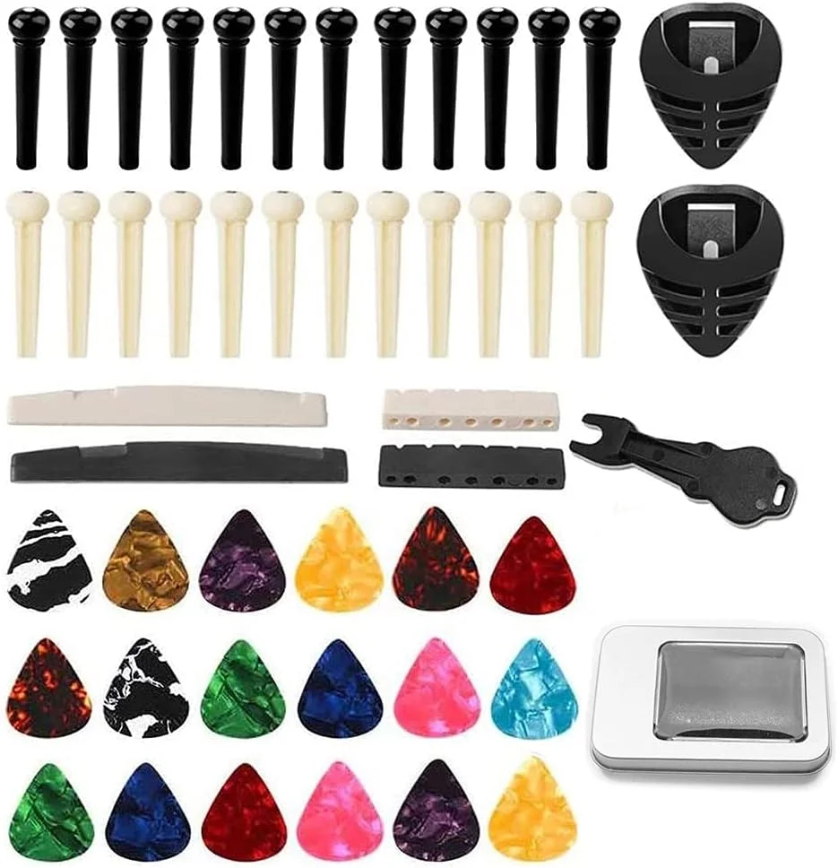 لوازم جانبی گیتار آکوستیک OUNA، کیت لوازم جانبی گیتار آکوستیک شامل پین های بریج + خرک گیتار + پیک های سلولوئیدی + نگهدارنده پیک گیتار + پین کش بریج