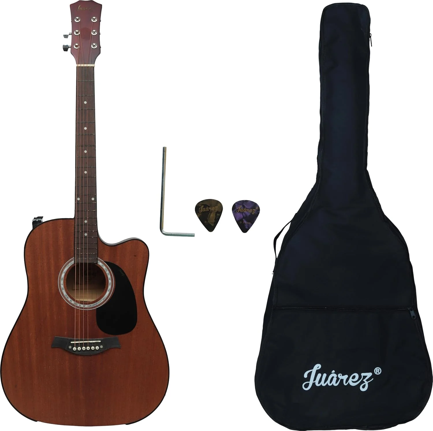 گیتار آکوستیک جامبو سایز کامل 41 اینچی Juarez Belléza – صفحه رویی ساپلی، صفحه انگشت‌گذاری و بریج رزوود، سیم‌های استیل Alice، تراس راد دوگانه، پرداخت مات – به همراه کیف و پیک (طبیعی)