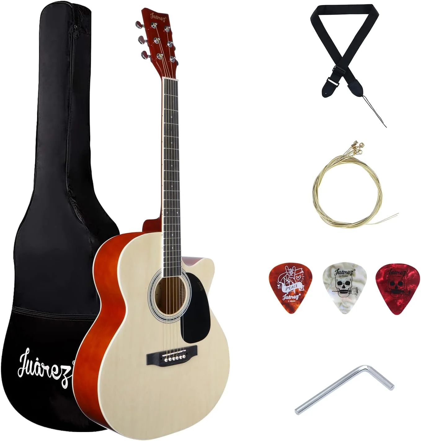 گیتار آکوستیک کات اوی 40 اینچی Juarez JRZ40C/NAT با خرک قابل تنظیم دو جهته، کیف، پیک، مجموعه سیم، بند - رنگ طبیعی