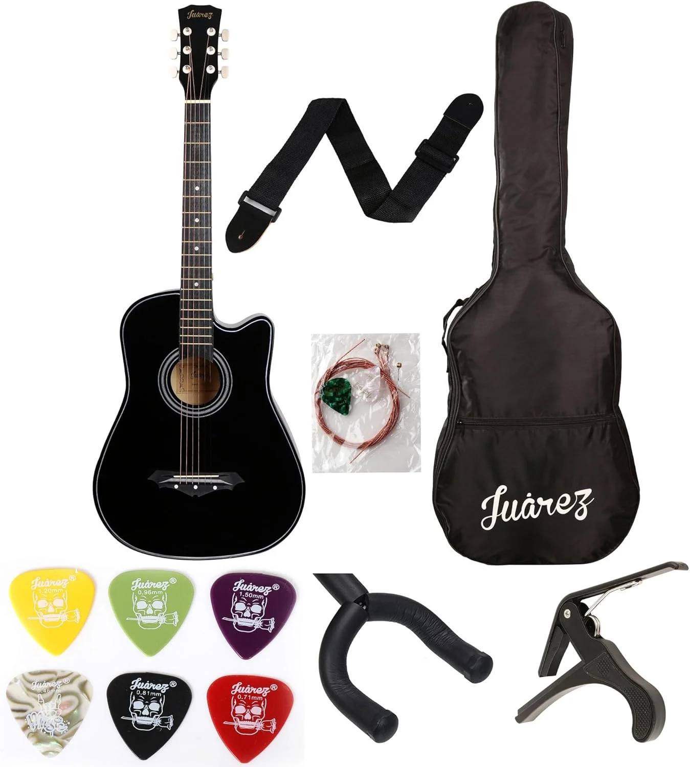 کیت گیتار آکوستیک Juârez مدل JRZ38C/BK سایز 38 اینچ کات اوی (مشکی) به همراه کیف، سیم، بند و پیک | بسته ترکیبی با کاپو، آویز دیواری و مجموعه 6 عددی پیک گیتار - بسته کامل گیتار مبتدی