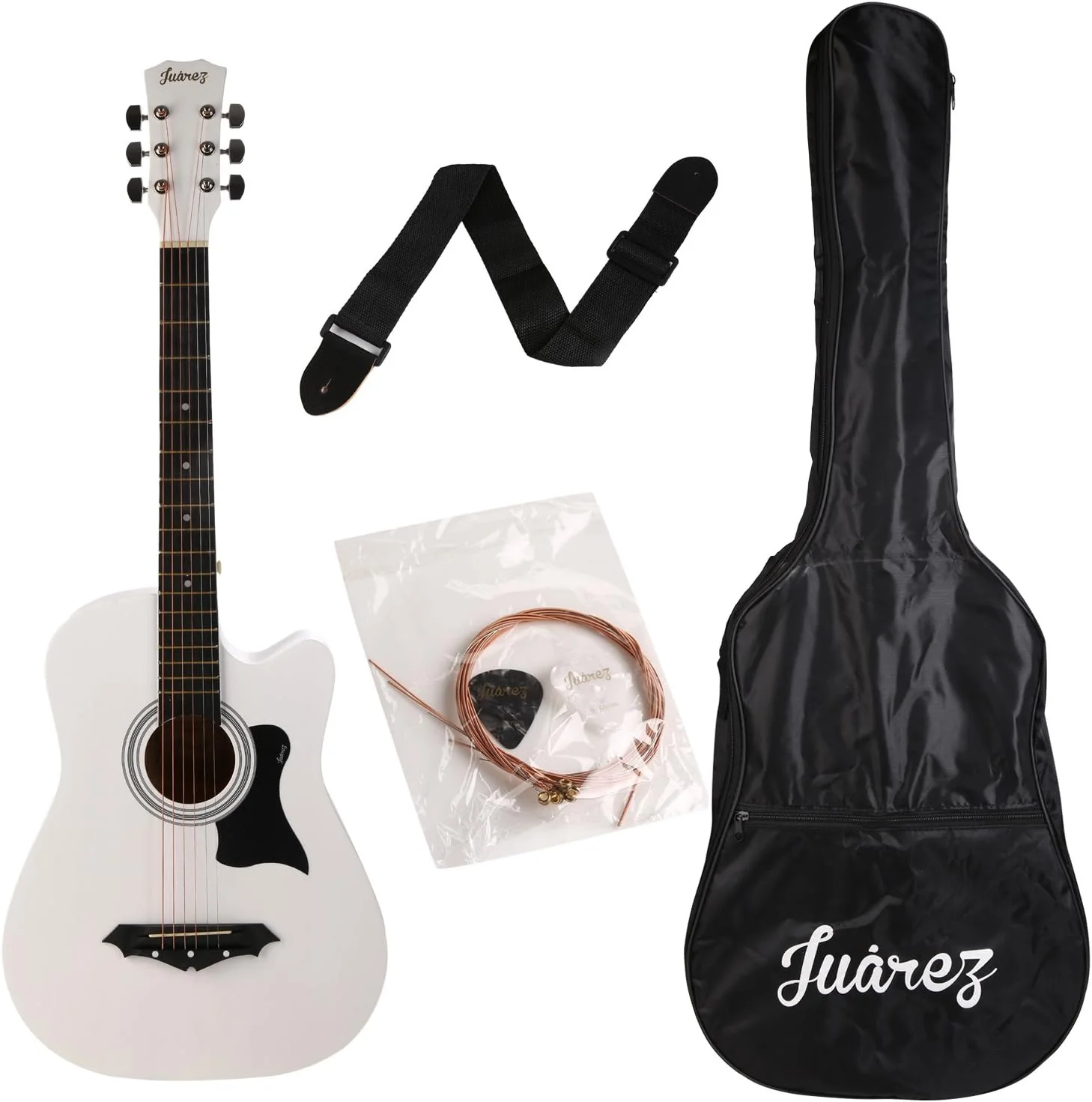 گیتار آکوستیک 6 سیم Juârez JRZ38C/WH سایز 38 اینچ کات اوی، مناسب برای راست دست ها، سفید به همراه کیف، سیم، پیک و بند سفید