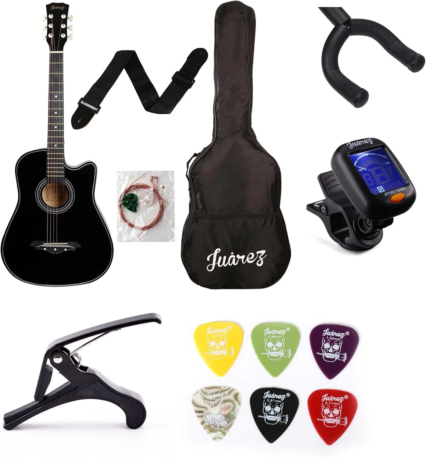 ست گیتار آکوستیک Juârez مدل JRZ38C/BK سایز 38 اینچ کات اوی (مشکی) به همراه کیف، سیم، بند، پیک | بسته کامل با کاپو، آویز دیواری، تیونر و ست 6 عددی پیک گیتار - پکیج کامل گیتار برای مبتدیان