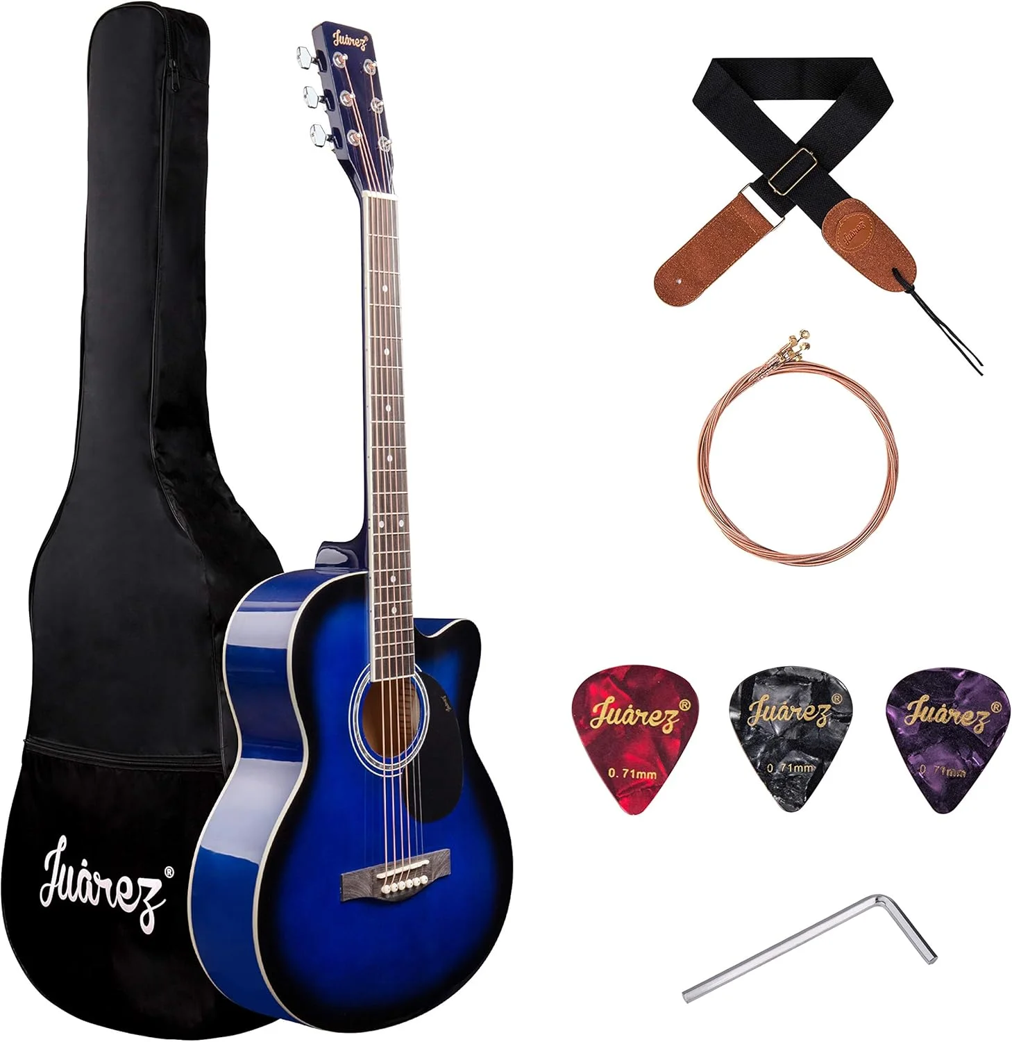 کیت گیتار آکوستیک 39 اینچی Juarez Arpeggio، صفحه رویی صنوبر، صفحه انگشت‌گذاری و بریج رزوود، میله خرک، کوک‌های دایکاست کرومی، آبی سانبرست