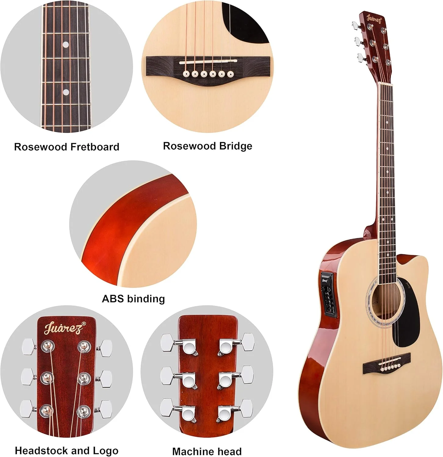 کیت گیتار نیمه آکوستیک ۴۱ اینچی JUAREZ Arpéggio، بدنه باریک، صفحه رویی صنوبر، با اکولایزر ۴ باندی، طبیعی کیت گیتار نیمه آکوستیک ۴۱ اینچی JUAREZ Arpéggio، بدنه باریک، صفحه رویی صنوبر، با اکولایزر ۴ باندی، طبیعی