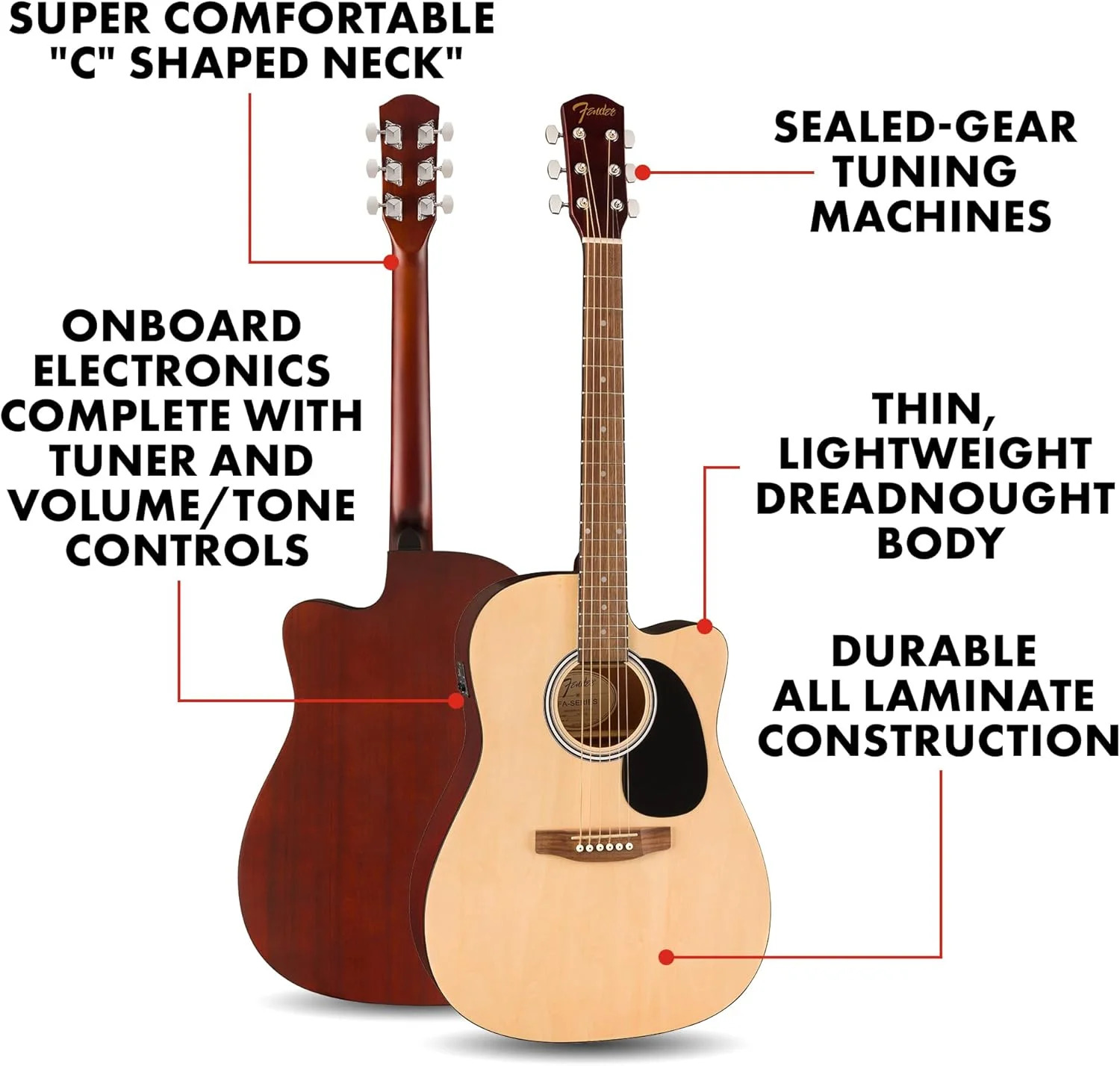 گیتار آکوستیک Fender FA-25CE Dreadnought، صفحه انگشت‌گذاری گردو، رنگ طبیعی