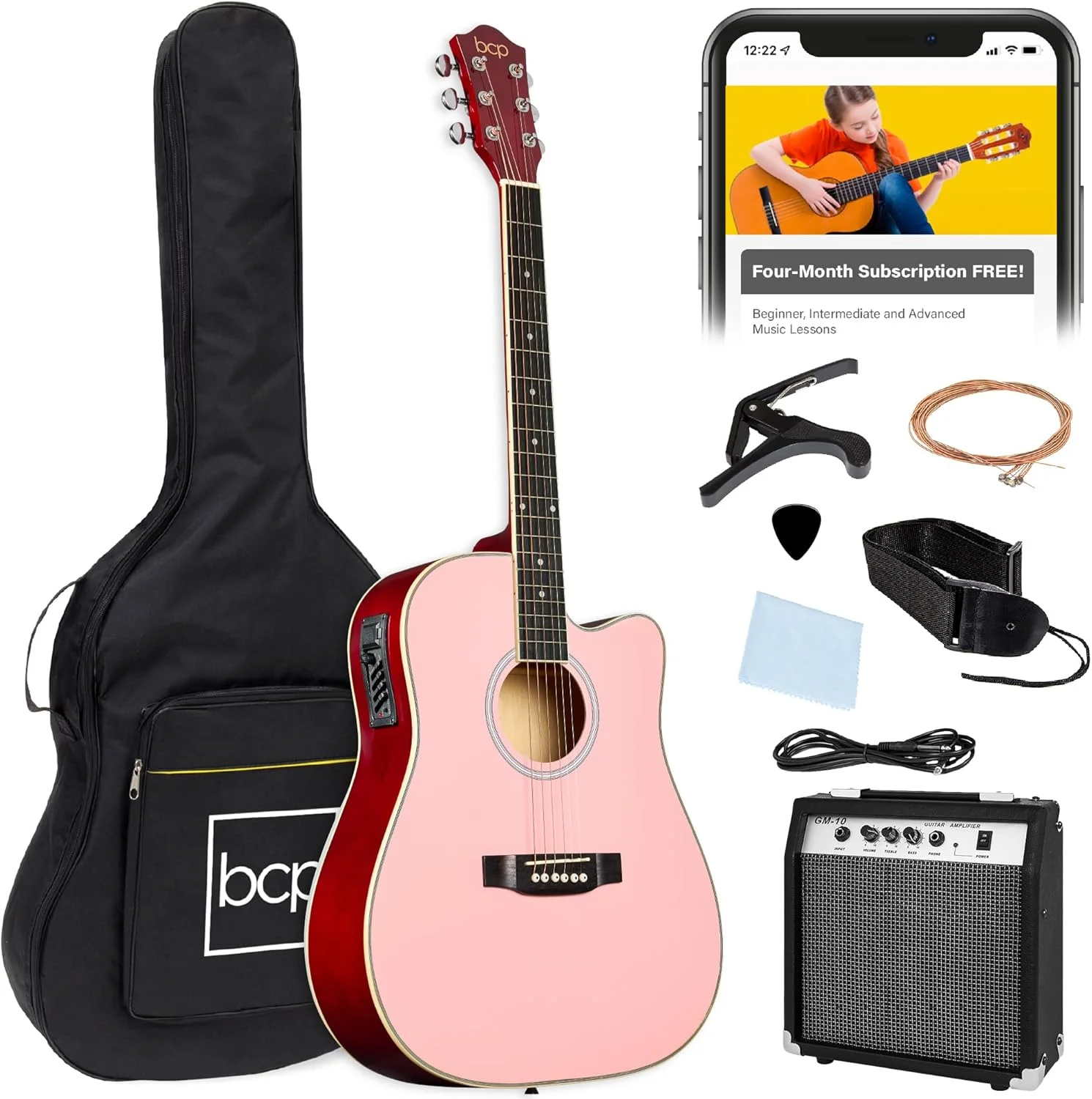 ست گیتار آکوستیک الکتریک مبتدیان با طراحی کات اوی چوبی 41 اینچی، کیف، بند و پیک - صورتی