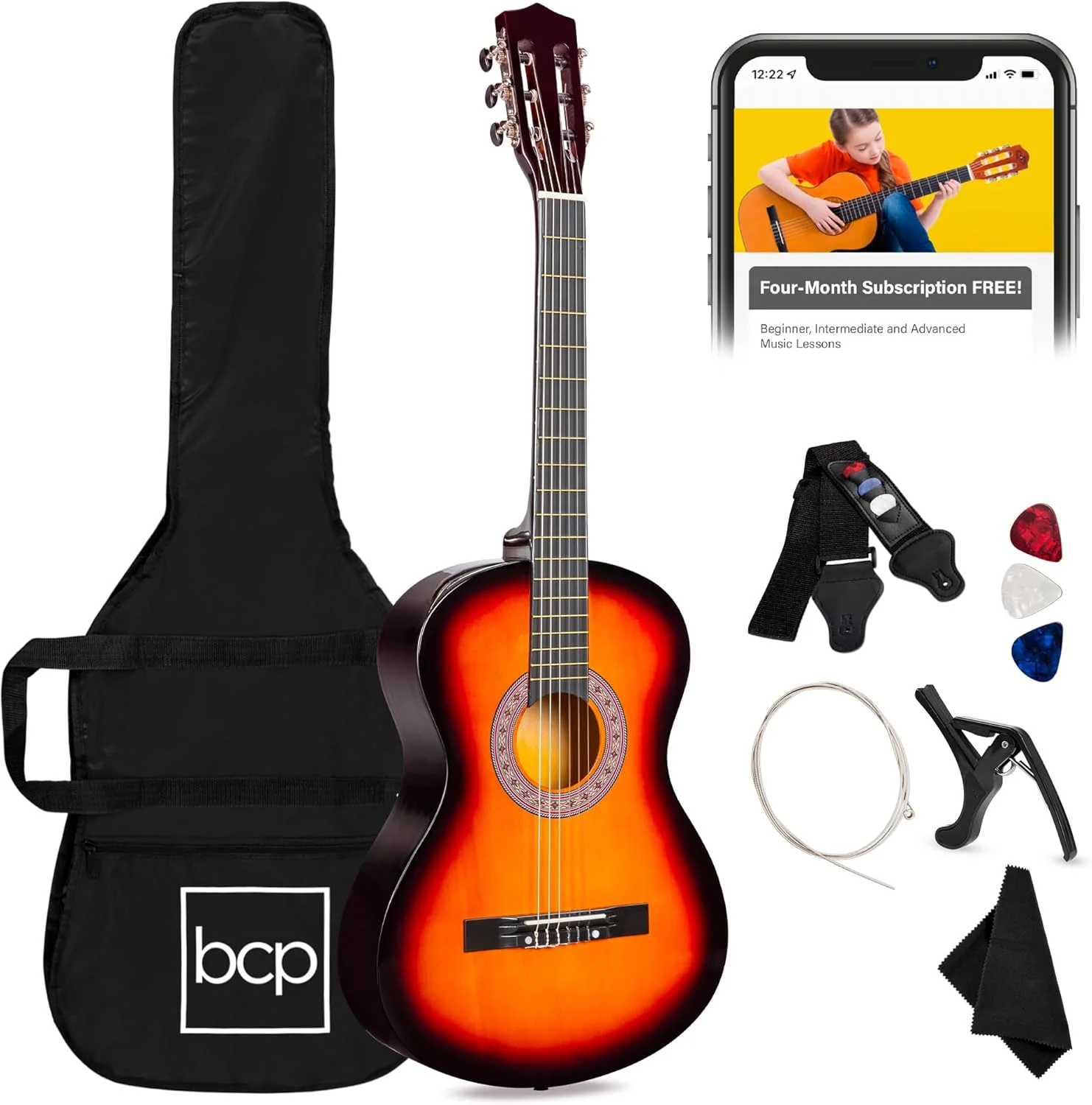 بهترین انتخاب محصولات، کیت استارتر گیتار آکوستیک چوبی 38 اینچی مناسب مبتدیان به همراه کیف، بند، تیونر دیجیتال، پیک و سیم - سانبرست