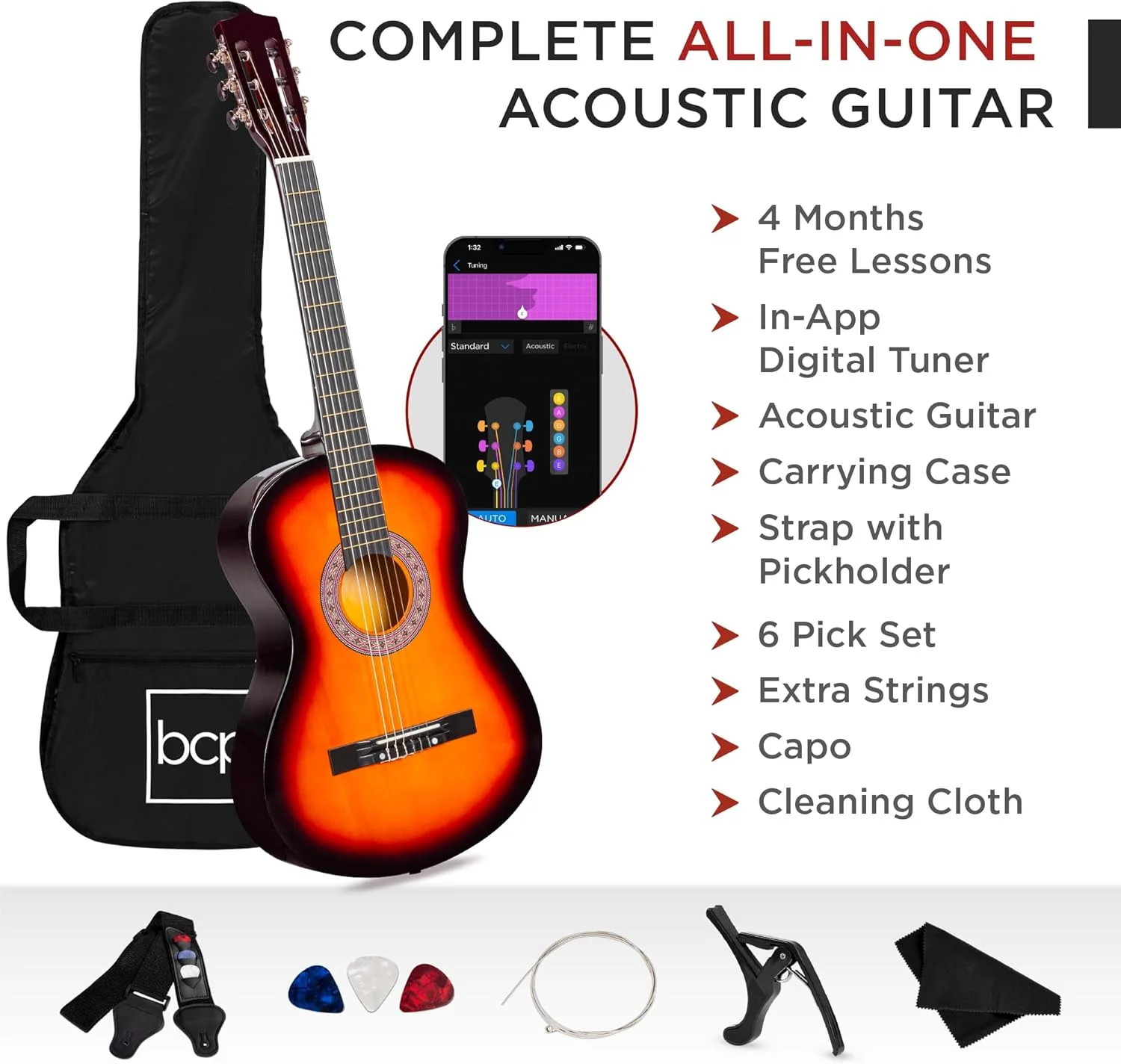 بهترین انتخاب محصولات، کیت استارتر گیتار آکوستیک چوبی 38 اینچی مناسب مبتدیان به همراه کیف، بند، تیونر دیجیتال، پیک و سیم - سانبرست بهترین انتخاب محصولات، کیت استارتر گیتار آکوستیک چوبی 38 اینچی مناسب مبتدیان به همراه کیف، بند، تیونر دیجیتال، پیک و سیم - سانبرست