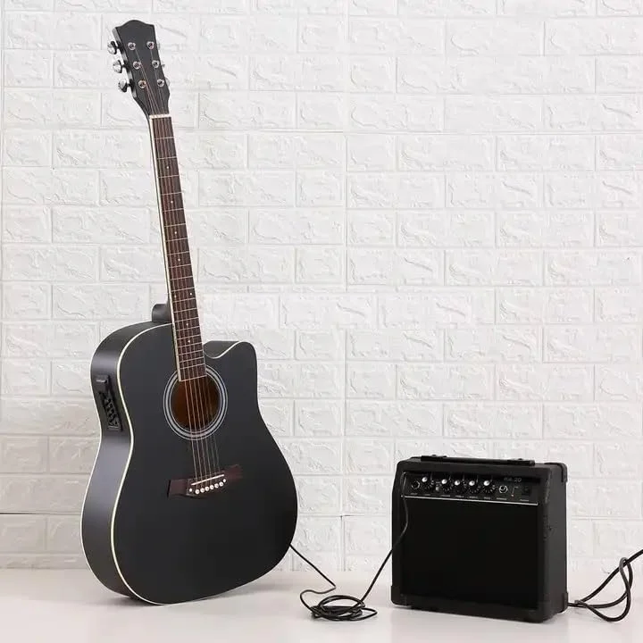 گیتار آکوستیک الکترو مشکی مگاریا به همراه آمپلی فایر 10 واتی و کیف، مناسب برای نوازندگان مبتدی و متوسط، با وضوح صدای خوب