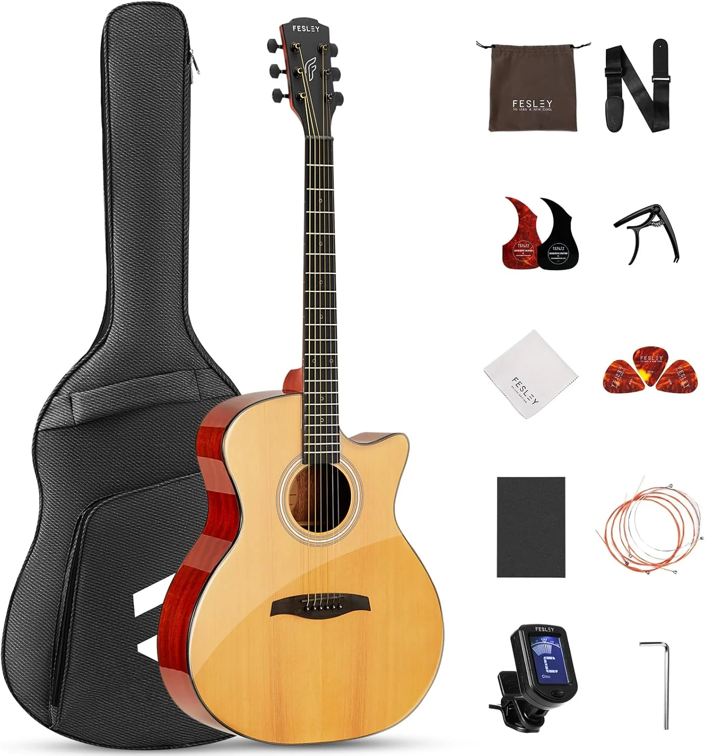 کیت گیتار آکوستیک 41 اینچی برای مبتدی: بسته گیتار آکوستیکا کات اوی سایز کامل 4/4 برای نوجوانان بزرگسال با کیف، تیونر، بند، سیم، پیک، کاپو، FF60، رنگ طبیعی