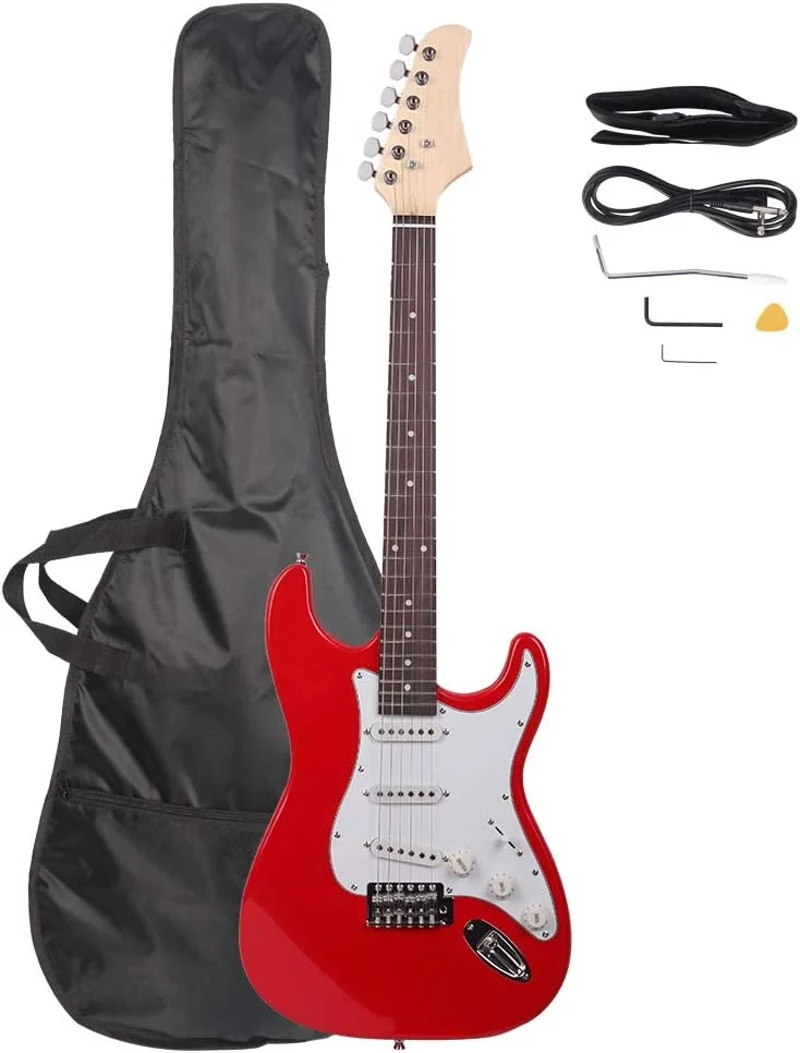 گیتار الکتریکی 38 اینچی Vasitelan، گیتار الکتریکی با صفحه انگشتی رزوود، به همراه پیک، بند، سیم، کیف، دسته ترمولو، برای نوازندگان مبتدی و متوسط (قرمز)