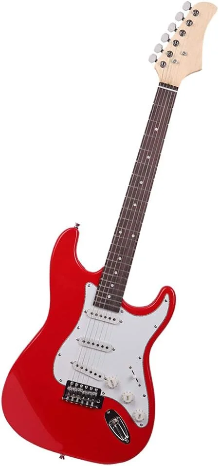 گیتار الکتریکی 38 اینچی Vasitelan، گیتار الکتریکی با صفحه انگشتی رزوود، به همراه پیک، بند، سیم، کیف، دسته ترمولو، برای نوازندگان مبتدی و متوسط (قرمز)