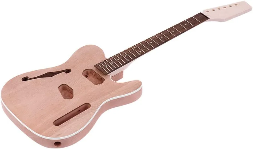کیت گیتار الکتریک ناتمام به سبک TL، بدنه ماهون با حفره صدا F، دسته چوب افرا و صفحه انگشت گذاری رزوود