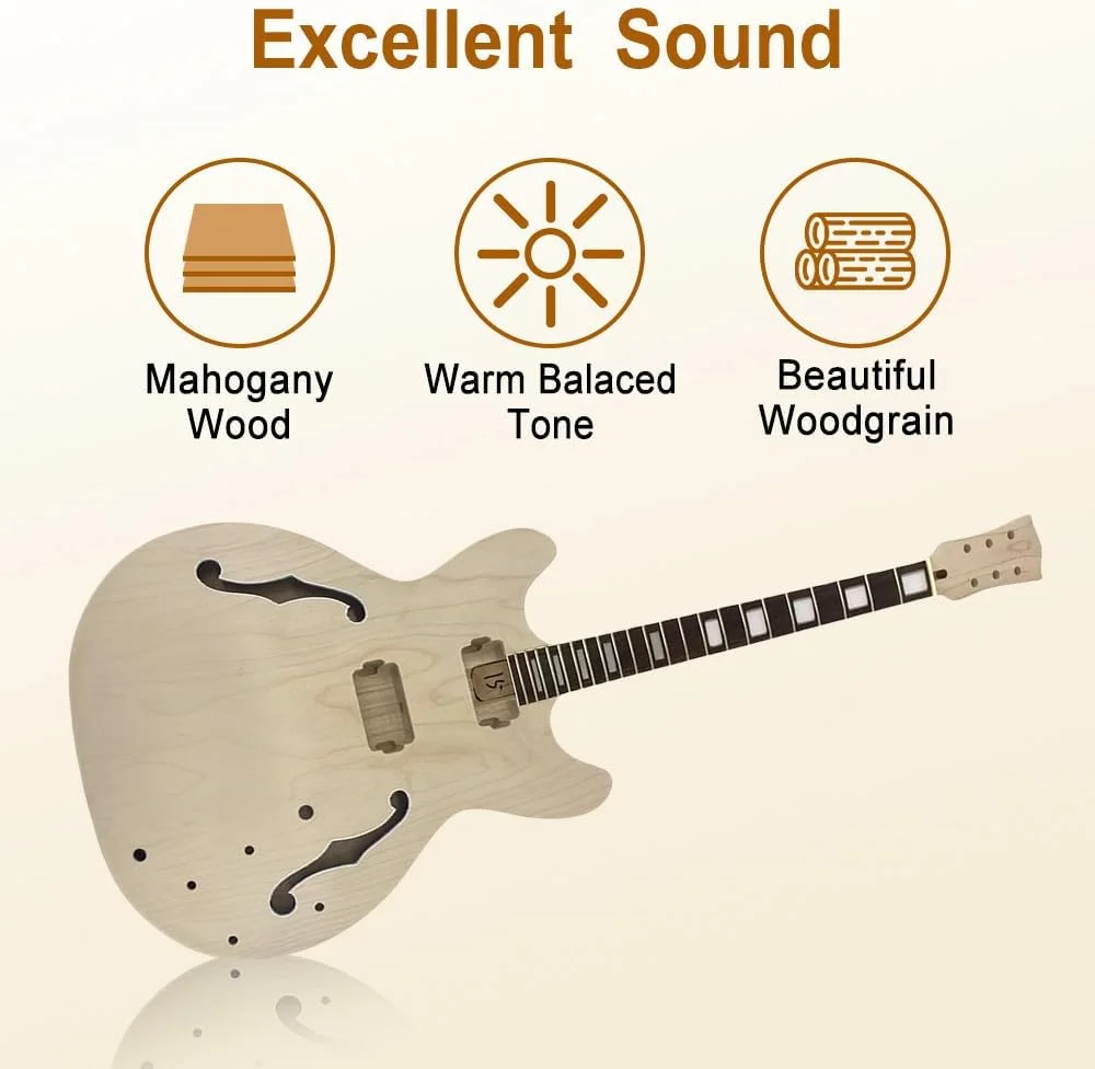 کیت گیتار الکتریک نیمه توخالی، دسته گیتار افرا 22 فرت، بدنه گیتار افرا، صفحه انگشت‌گذاری رزوود 24.75 اینچی، برای پروژه گیتار سبک 335