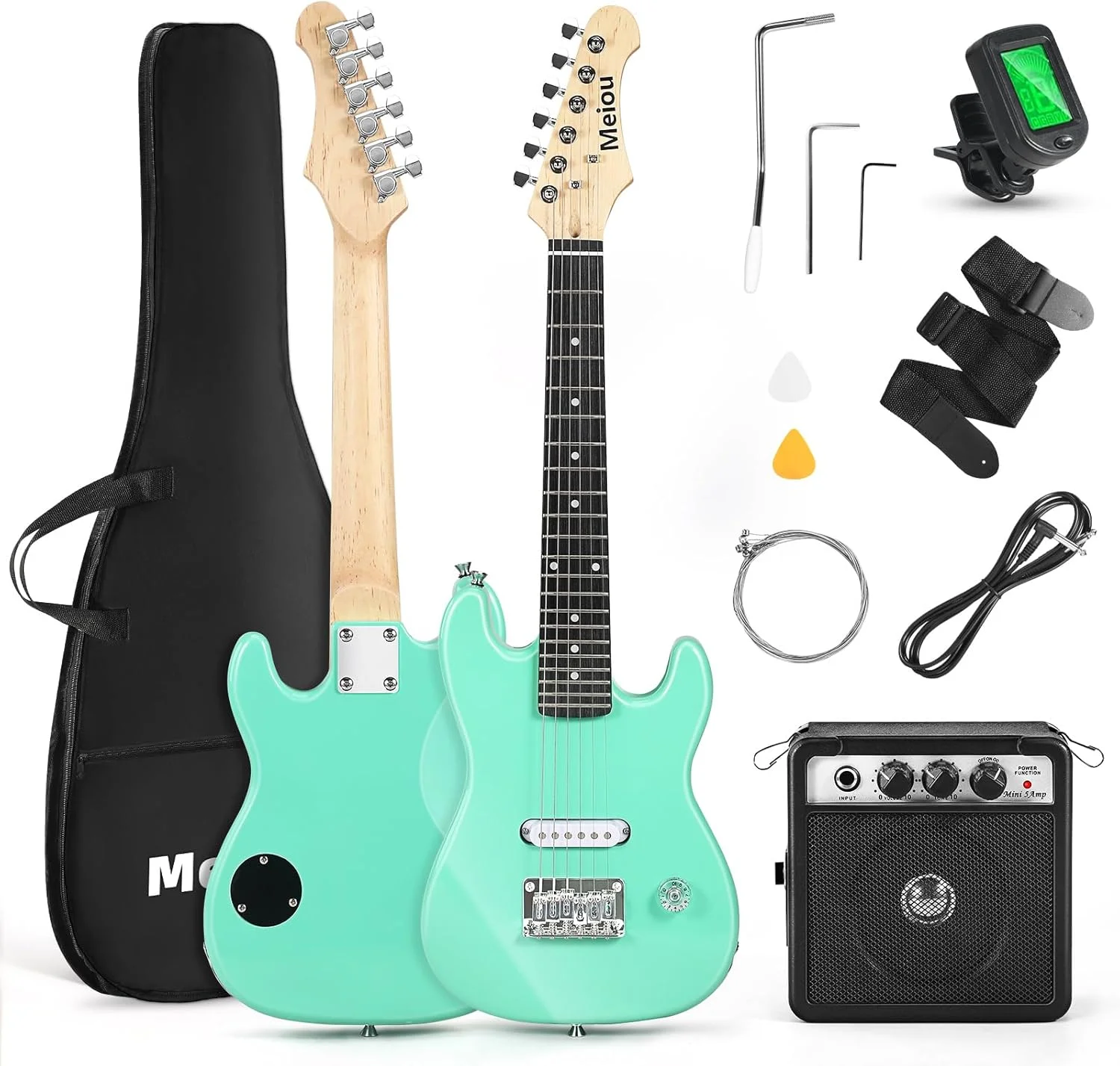 ست گیتار الکتریک 30 اینچی کودکانه، مدل ST، مینی گیتار الکتریک به همراه آمپلی فایر، کیف، تیونر، پیک، کابل، بند و سیم (سبز)
