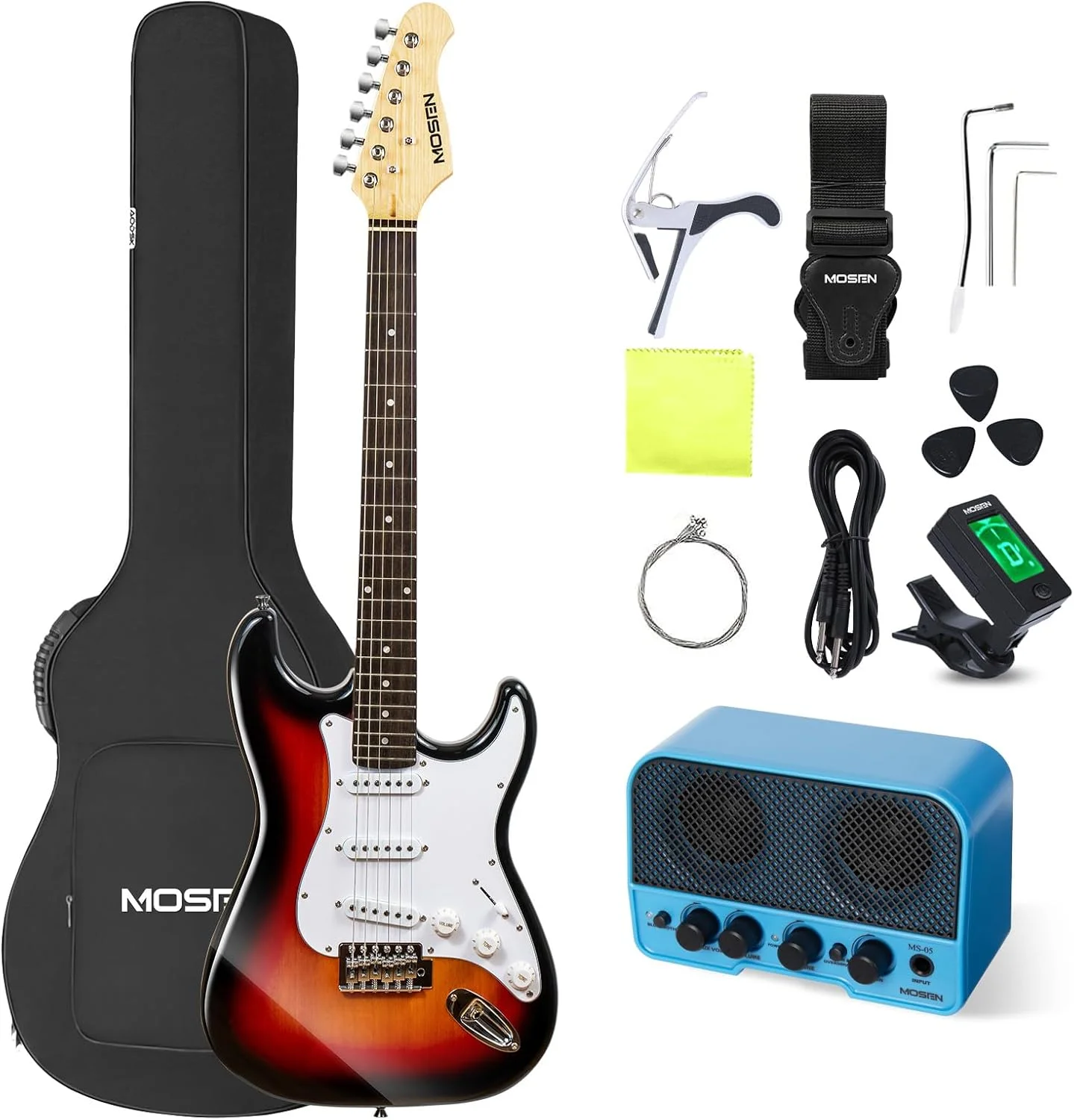 ست کامل گیتار الکتریک مبتدی MOSEN سایز کامل 39 اینچ، به همراه آمپلی فایر، پیکاپ های SSS، کیف، پیک، تیونر، کاپو، کابل، دسته ترمولو و دستمال تنظیف - سانبرست