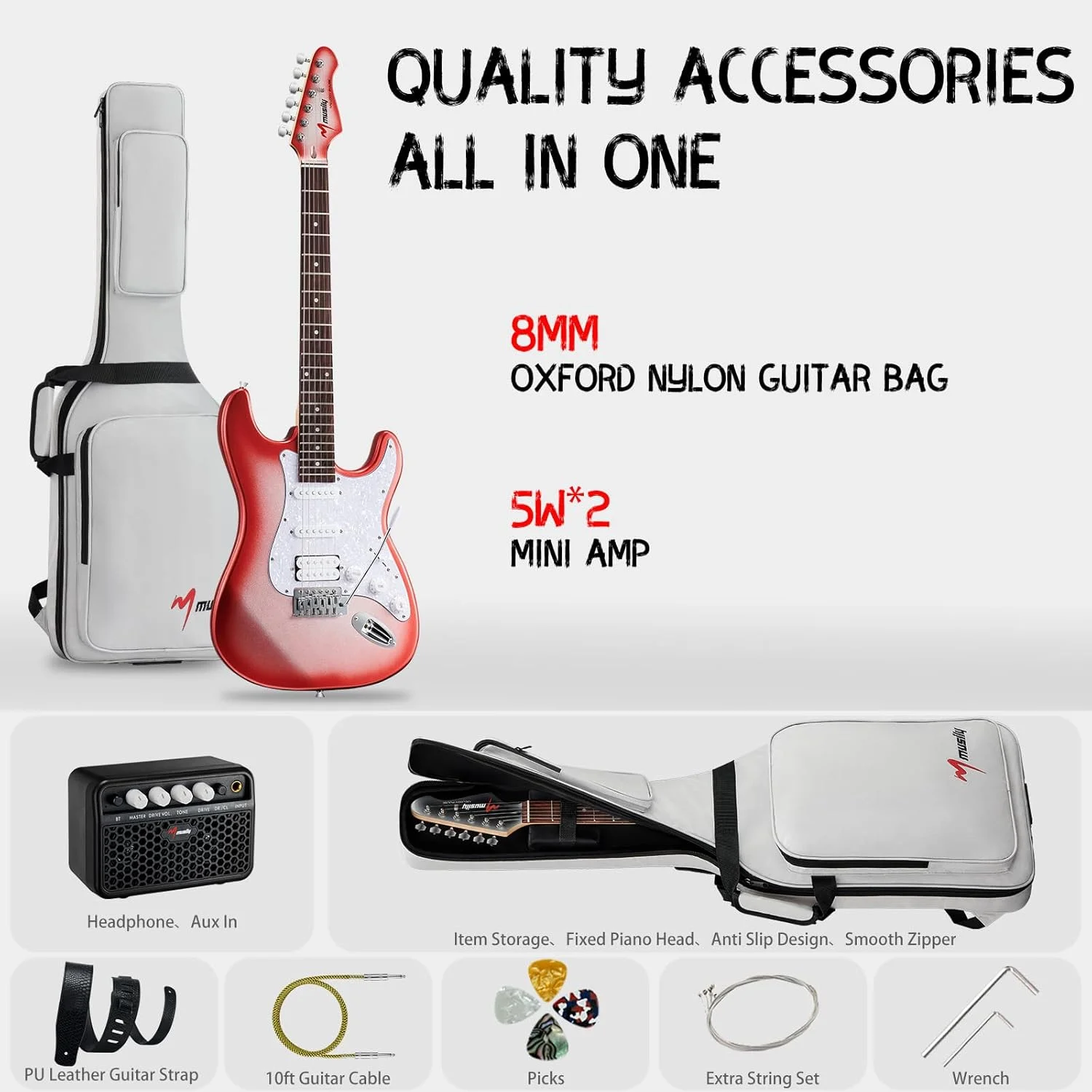 کیت گیتار الکتریک 39 اینچی، مناسب شروع مبتدیان، پیکاپ HSS، کیف، آمپلی فایر، بند، کابل، پیک (CandyAppleBurst)