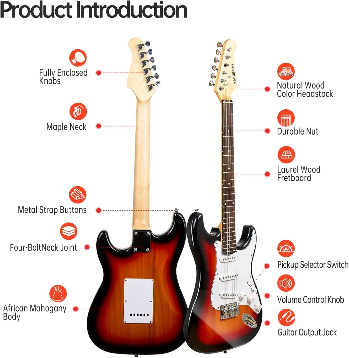 ست کامل گیتار الکتریک مبتدی MOSEN سایز کامل 39 اینچ، به همراه آمپلی فایر، پیکاپ های SSS، کیف، پیک، تیونر، کاپو، کابل، دسته ترمولو و دستمال تنظیف - سانبرست ست کامل گیتار الکتریک مبتدی MOSEN سایز کامل 39 اینچ، به همراه آمپلی فایر، پیکاپ های SSS، کیف، پیک، تیونر، کاپو، کابل، دسته ترمولو و دستمال تنظیف - سانبرست