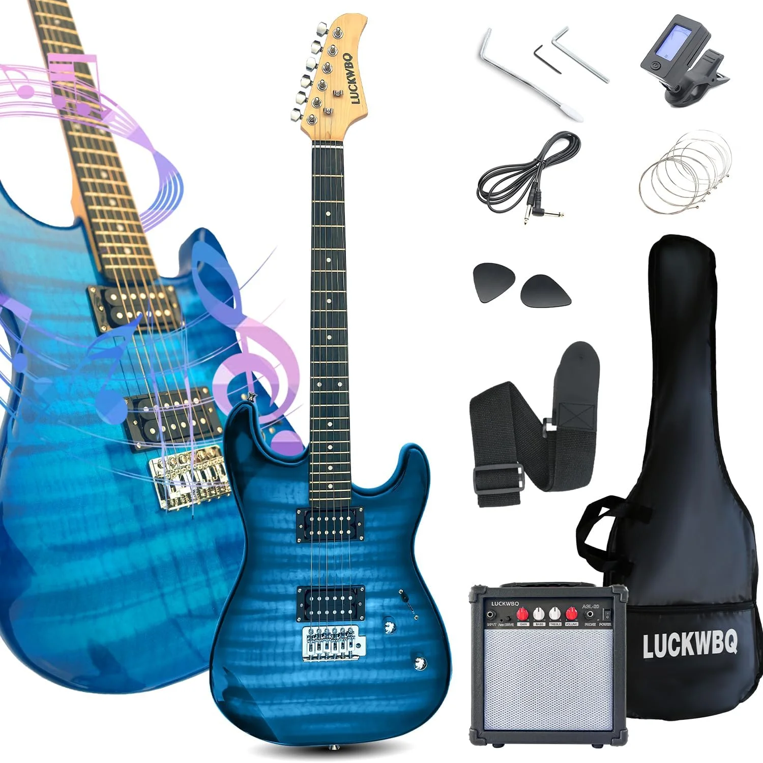 کیت گیتار الکتریک برای مبتدیان، سانبرست به همراه لوازم جانبی، کیف، پیک، بند، 6 سیم، دسته ترمولو - گیتار الکتریک برای شروع کنندگان، بزرگسالان، کودکان، مسافرت